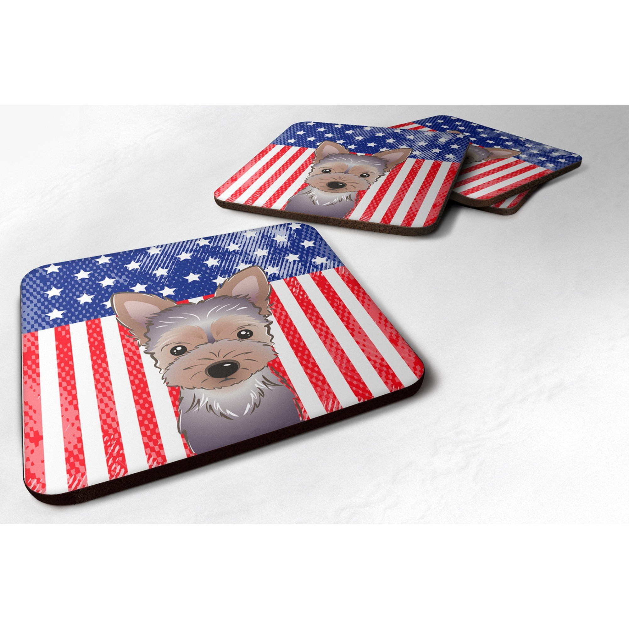 &quotCaroline's Treasures BB2162FC American Flag And Yorkie Puppy Foam Coaster (Set of 4), 3.5"", Multicolor"