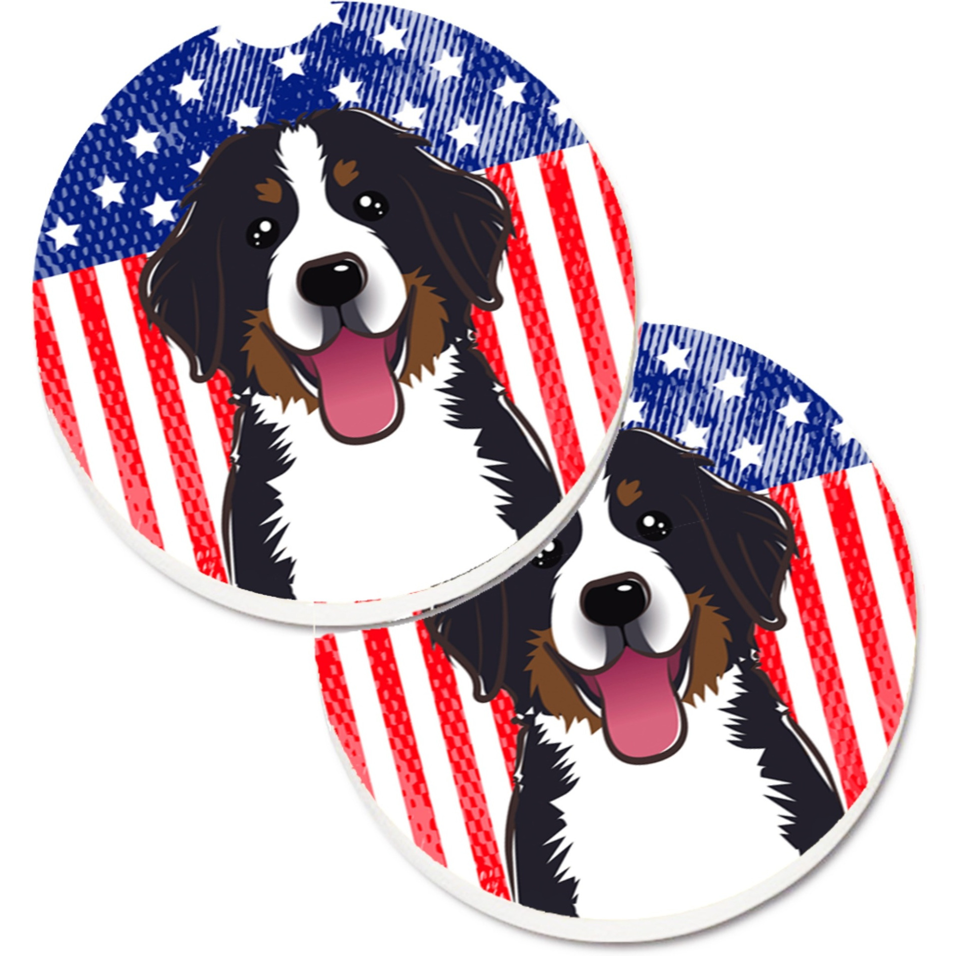 &quotCaroline's Treasures American Flag & Bernese Mountain Dog Set of 2 Cup Holder Car Coasters BB2167CARC, 2.56, Multicolor"