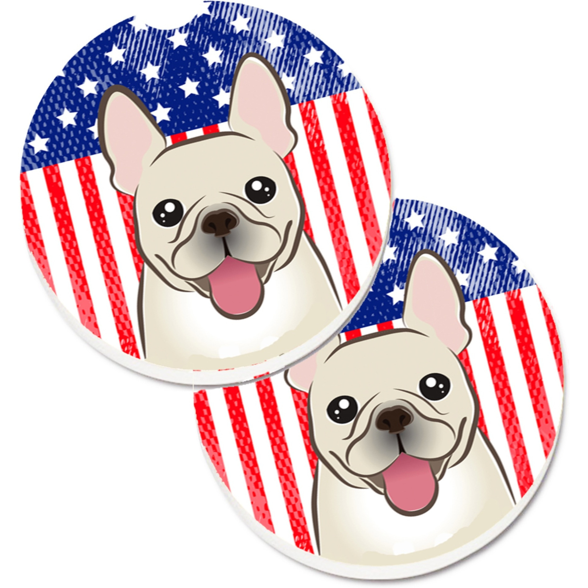 &quotCaroline's Treasures American Flag & French Bulldog Set of 2 Cup Holder Car Coasters BB2168CARC, 2.56, Multicolor"