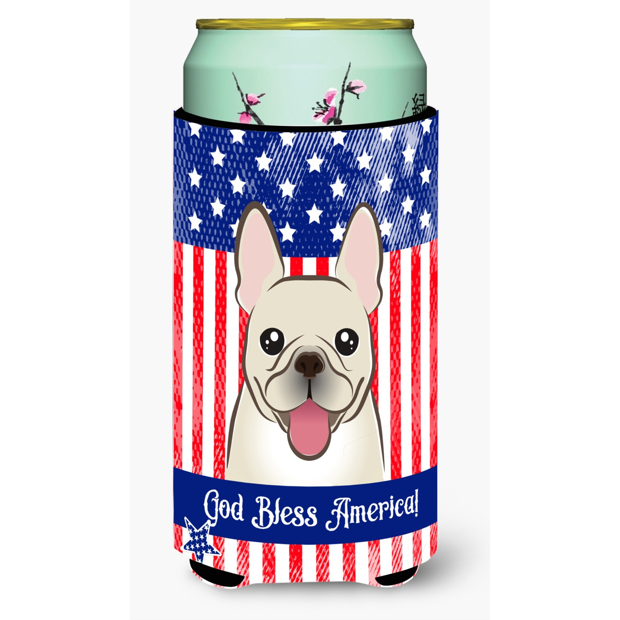 &quotCaroline's Treasures BB2168TBC "&quotGod Bless American Flag with French Bulldog"" Tall Boy Hugger Koozie, Multicolor"