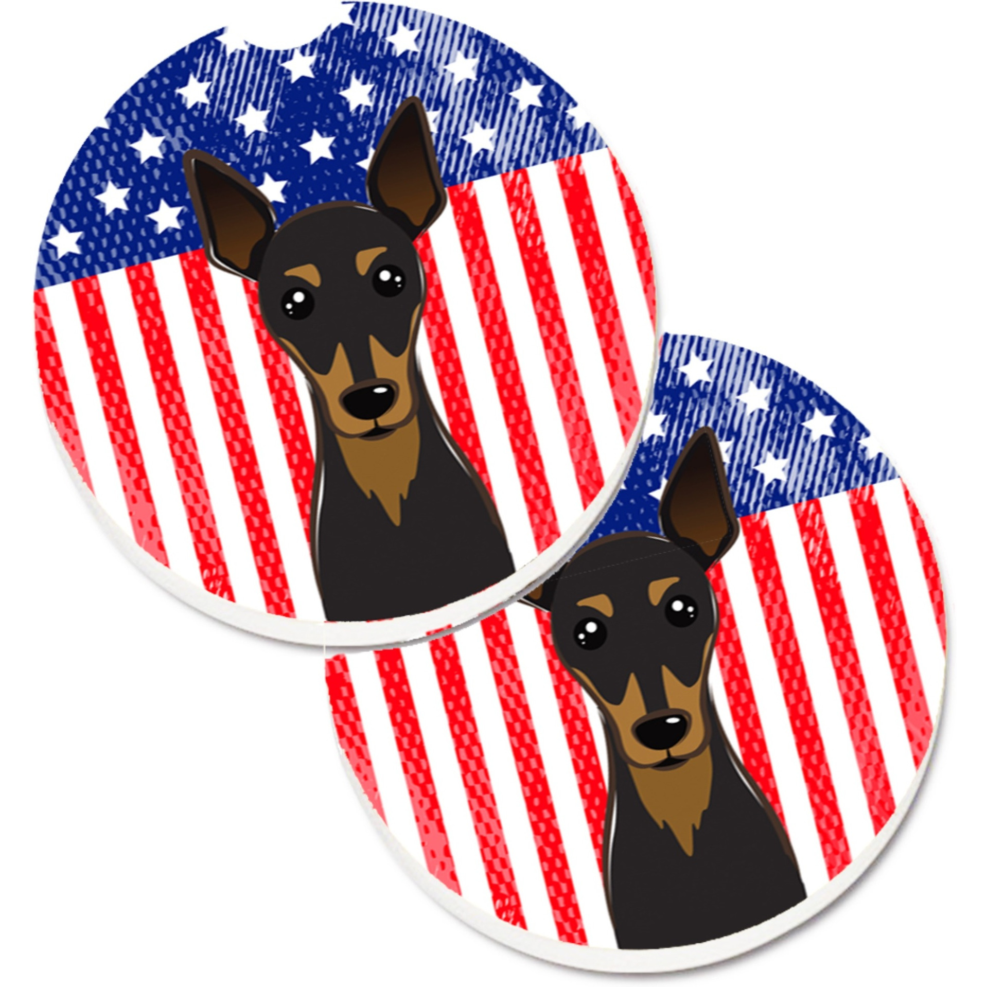 &quotCaroline's Treasures American Flag & Min Pin Set of 2 Cup Holder Car Coasters BB2170CARC, 2.56, Multicolor"