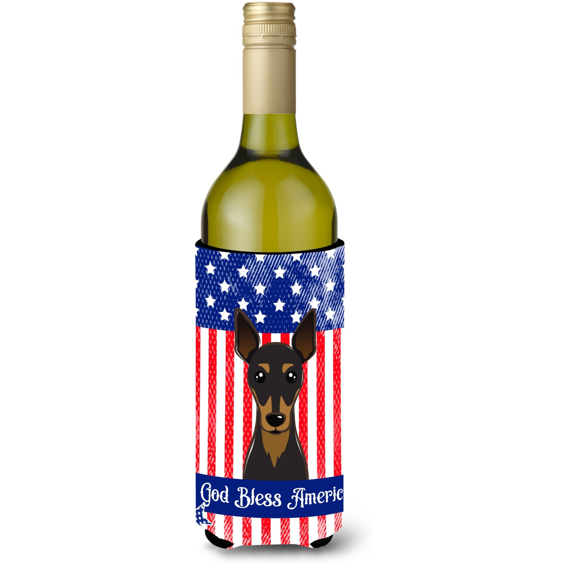 &quotCaroline's Treasures BB2170LITERK "&quotGod Bless American Flag with Min Pin"" Wine Bottle Hugger Koozie, 750ml, Multicolor"