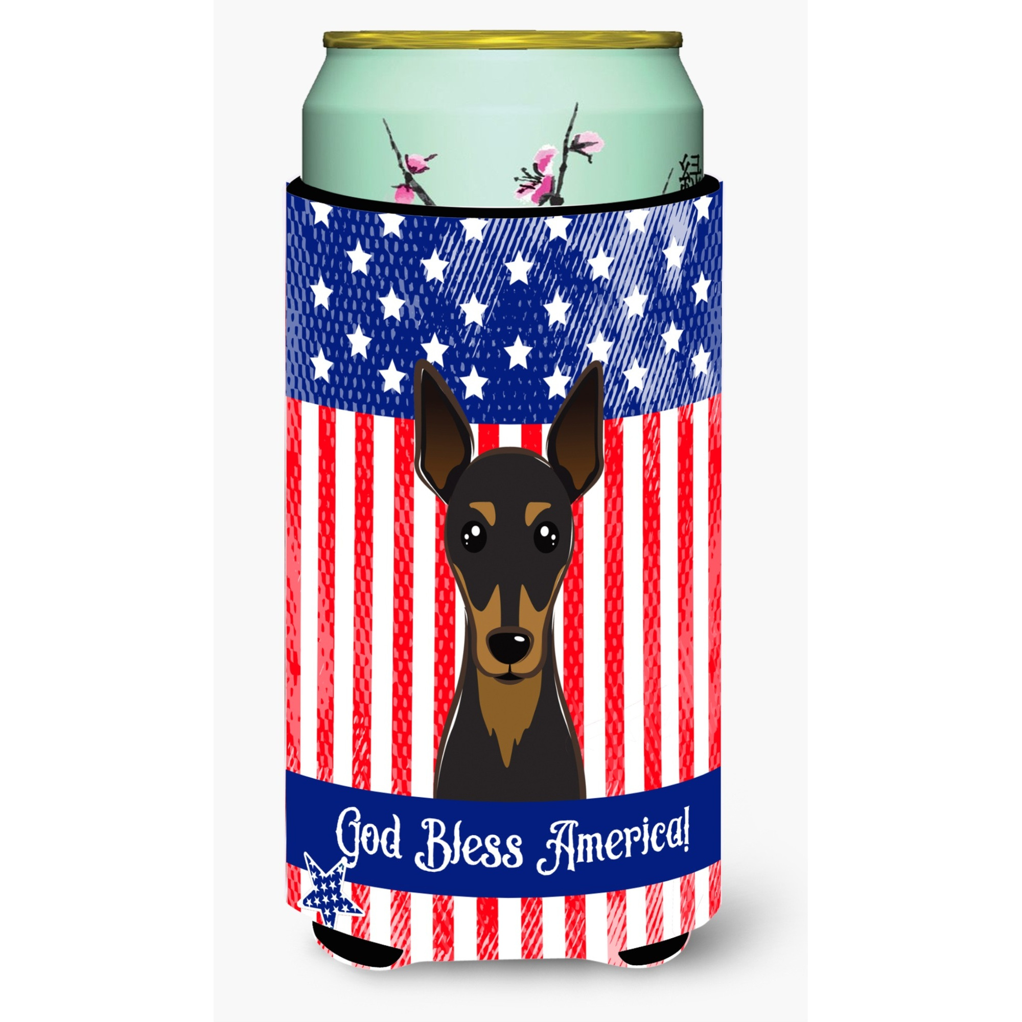 &quotCaroline's Treasures BB2170TBC "&quotGod Bless American Flag with Min Pin"" Tall Boy Hugger Koozie, Multicolor"