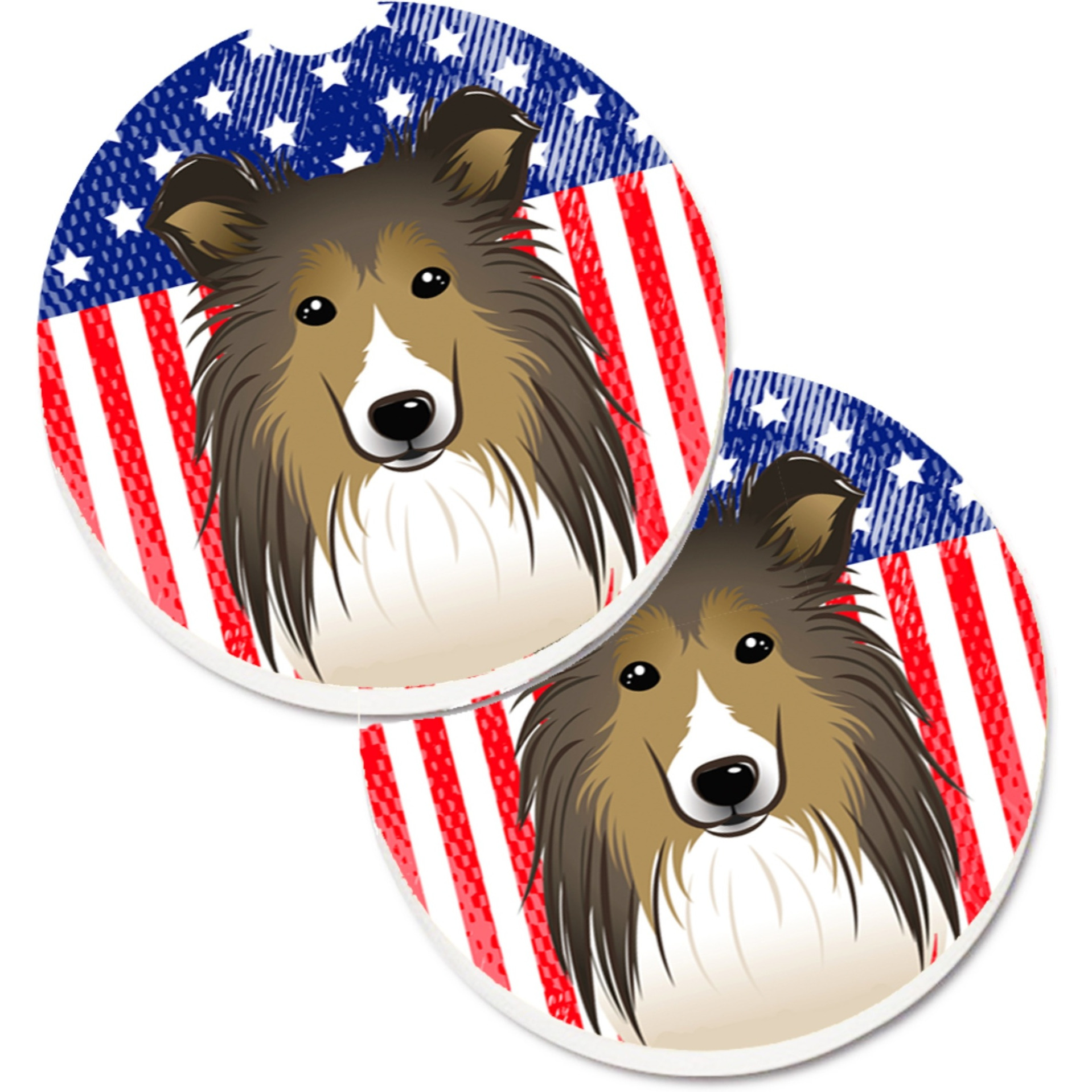 &quotCaroline's Treasures American Flag & Sheltie Set of 2 Cup Holder Car Coasters BB2172CARC, 2.56, Multicolor"