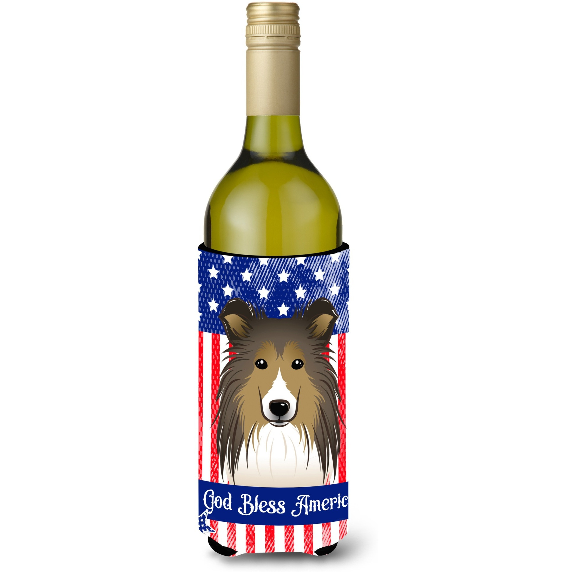 &quotCaroline's Treasures BB2172LITERK "&quotGod Bless American Flag with Sheltie"" Wine Bottle Hugger Koozie, 750ml, Multicolor"