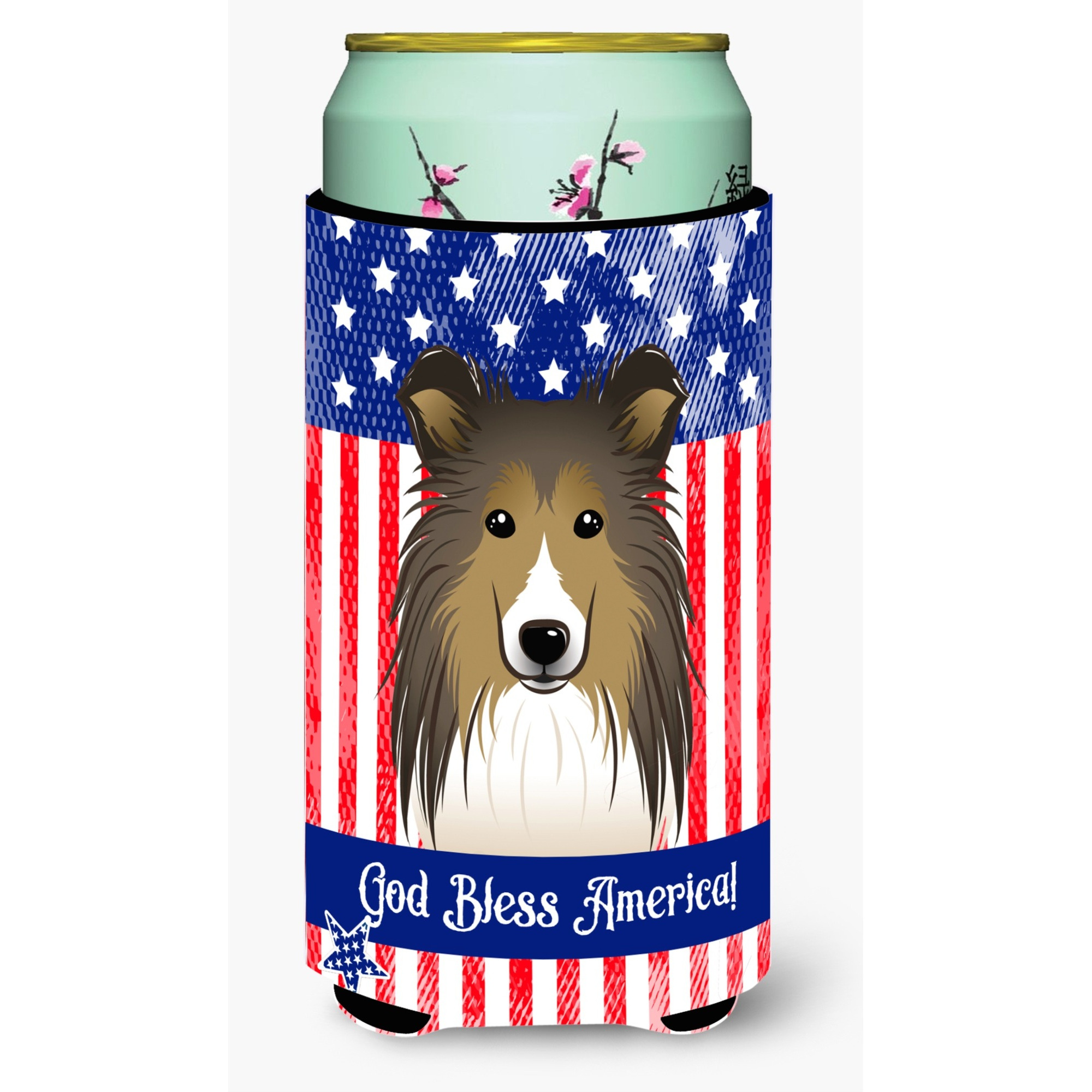 &quotCaroline's Treasures BB2172TBC "&quotGod Bless American Flag with Sheltie"" Tall Boy Hugger Koozie, Multicolor"