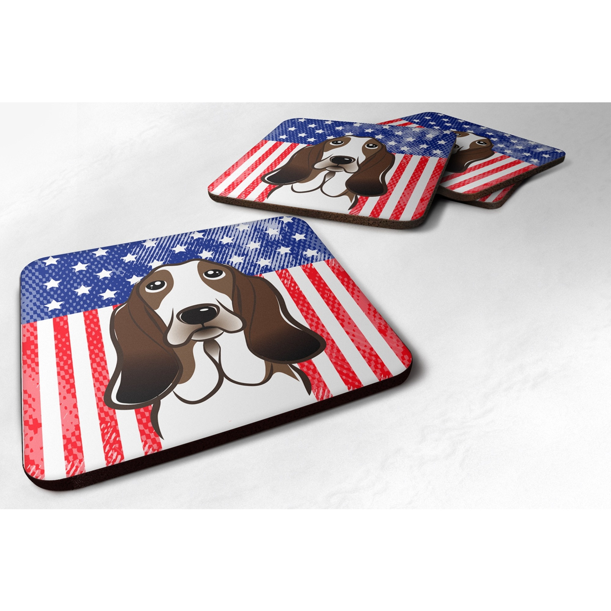 &quotCaroline's Treasures BB2173FC American Flag And Basset Hound Foam Coaster (Set of 4), 3.5"", Multicolor"
