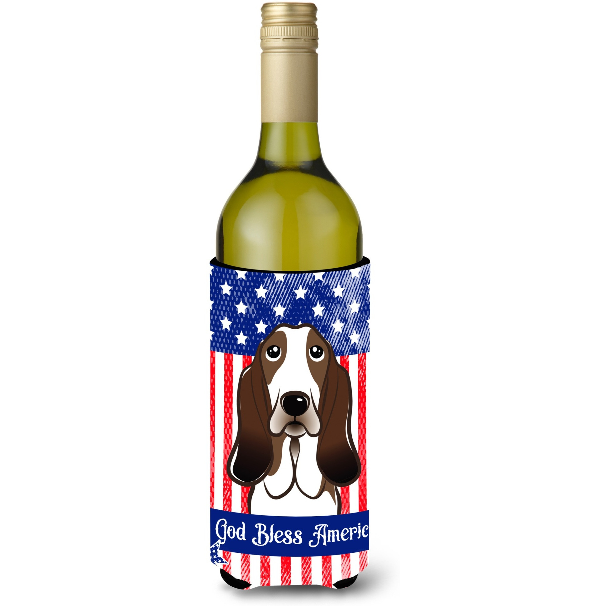 &quotCaroline's Treasures BB2173LITERK "&quotGod Bless American Flag with Basset Hound"" Wine Bottle Hugger Koozie, 750ml, Multicolor"