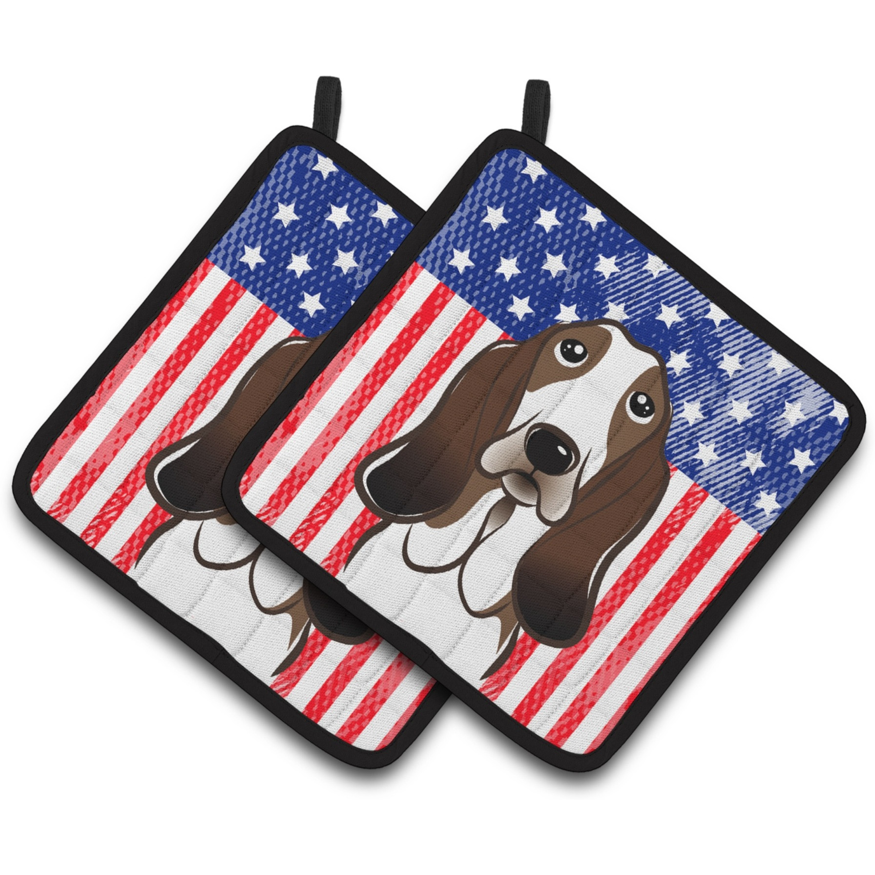 &quotCaroline's Treasures American Flag & Basset Hound Pair of Pot Holders BB2173PTHD, 7.5HX7.5W, Multicolor"