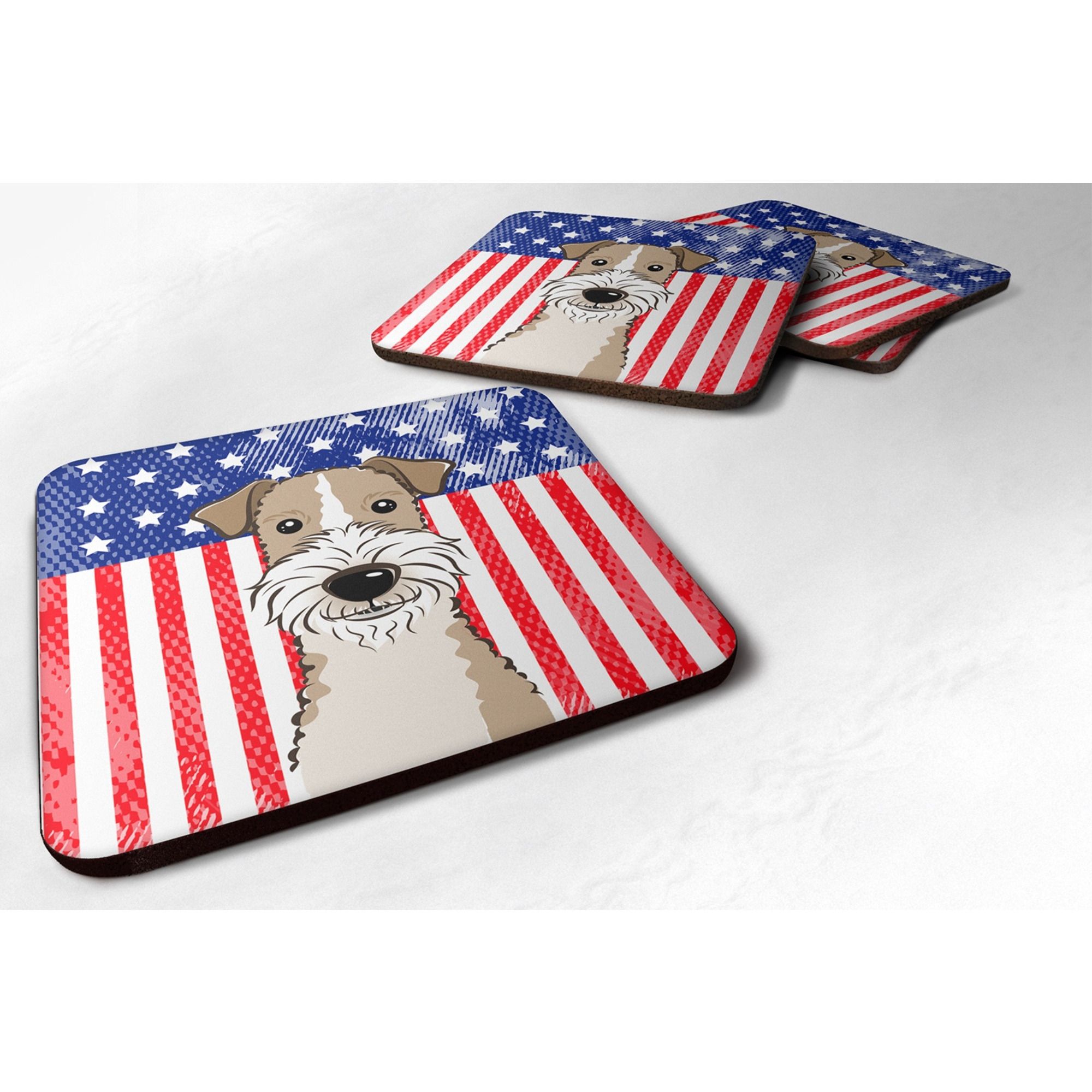 &quotCaroline's Treasures BB2177FC American Flag And Wire Haired Fox Terrier Foam Coaster (Set of 4), 3.5"", Multicolor"