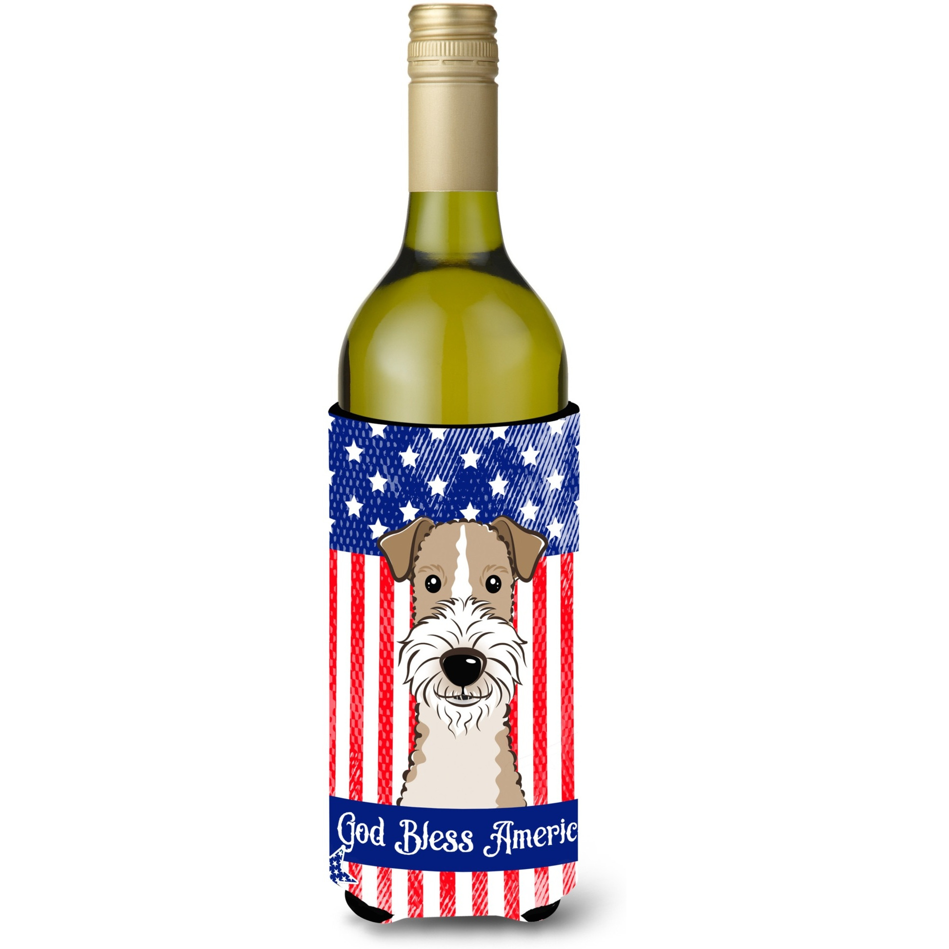 &quotCaroline's Treasures BB2177LITERK "&quotGod Bless American Flag with Wire Haired Fox Terrier"" Wine Bottle Hugger Koozie, 750ml, Multicolor"
