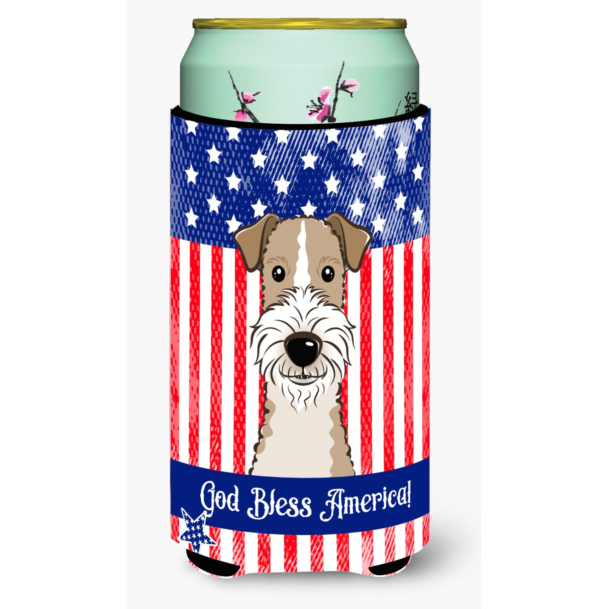 &quotCaroline's Treasures BB2177TBC "&quotGod Bless American Flag with Wire Haired Fox Terrier"" Tall Boy Hugger Koozie, Multicolor"