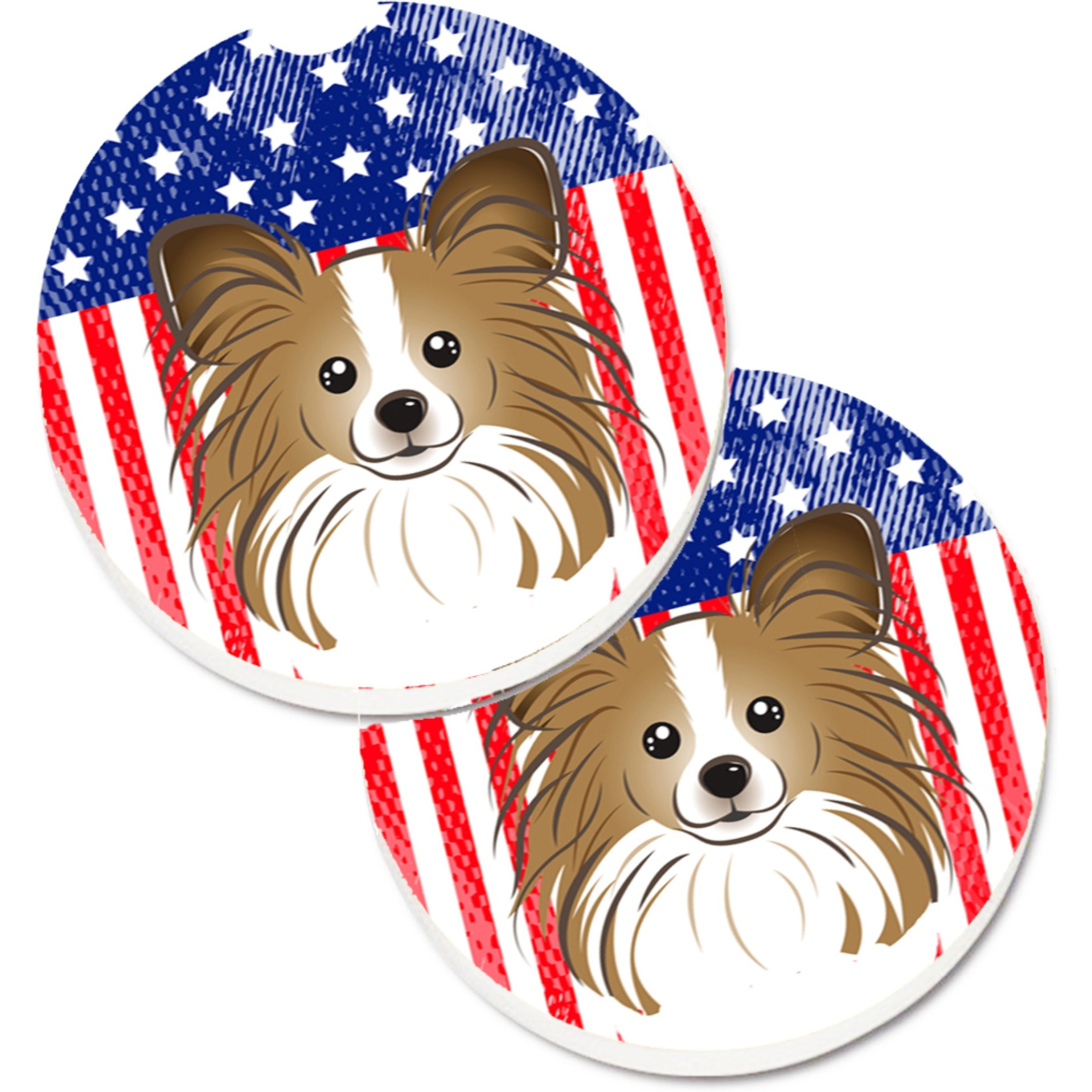 &quotCaroline's Treasures American Flag & Papillon Set of 2 Cup Holder Car Coasters BB2178CARC, 2.56, Multicolor"