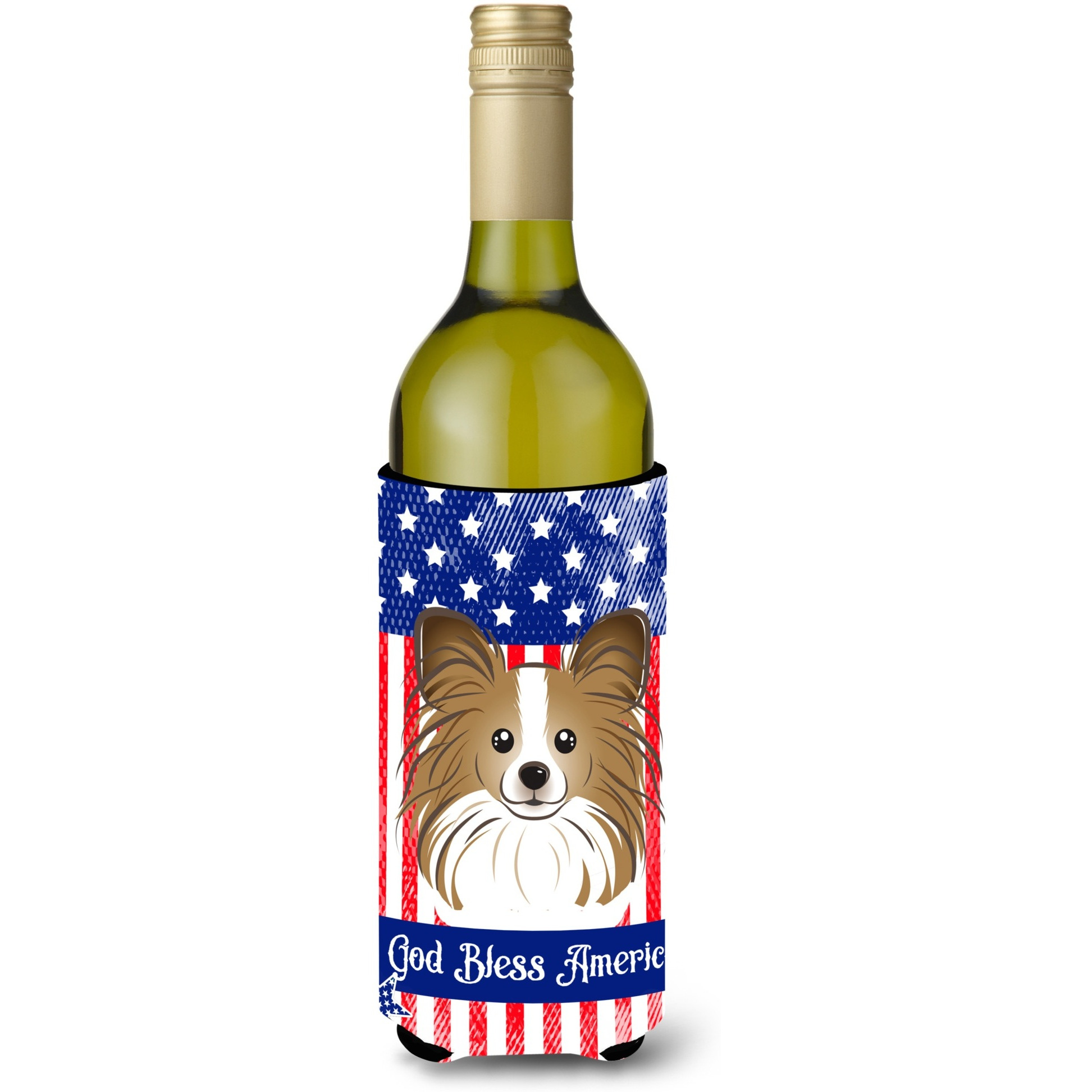 &quotCaroline's Treasures BB2178LITERK "&quotGod Bless American Flag with Papillion"" Wine Bottle Hugger Koozie, 750ml, Multicolor"