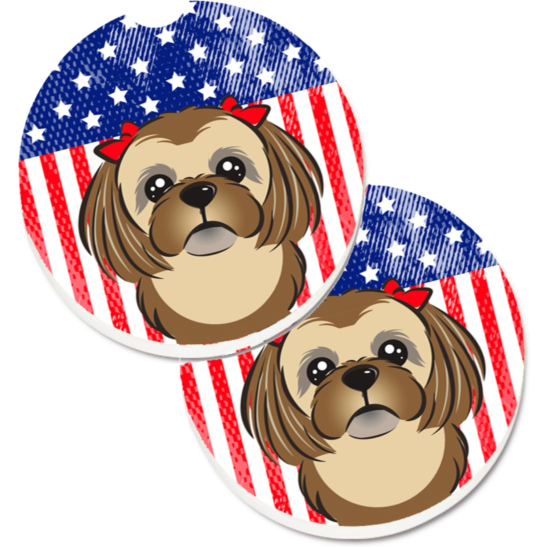 &quotCaroline's Treasures American Flag & Chocolate Brown Shih Tzu Set of 2 Cup Holder Car Coasters BB2179CARC, 2.56, Multicolor"