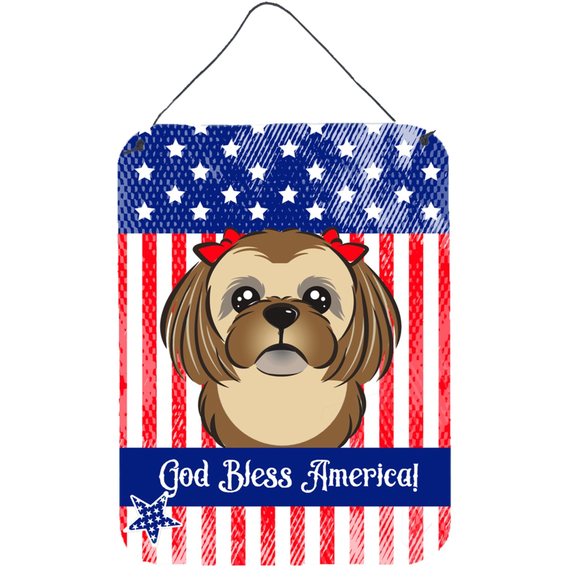 &quotCaroline's Treasures God Bless American Flag with Chocolate Brown Shih Tzu Wall or Door Hanging Prints BB2179DS1216, 16HX12W, Multicolor"