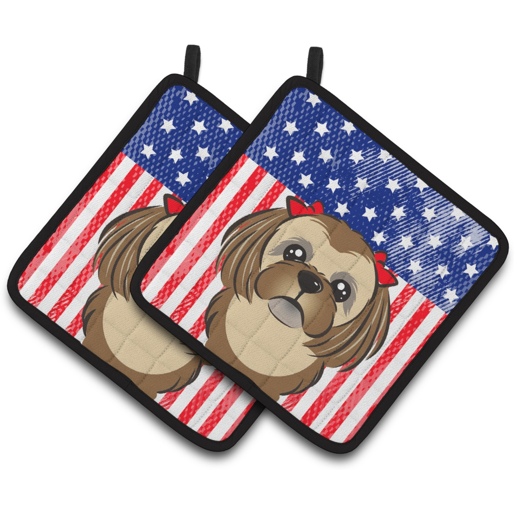 &quotCaroline's Treasures American Flag & Chocolate Brown Shih Tzu Pair of Pot Holders BB2179PTHD, 7.5HX7.5W, Multicolor"