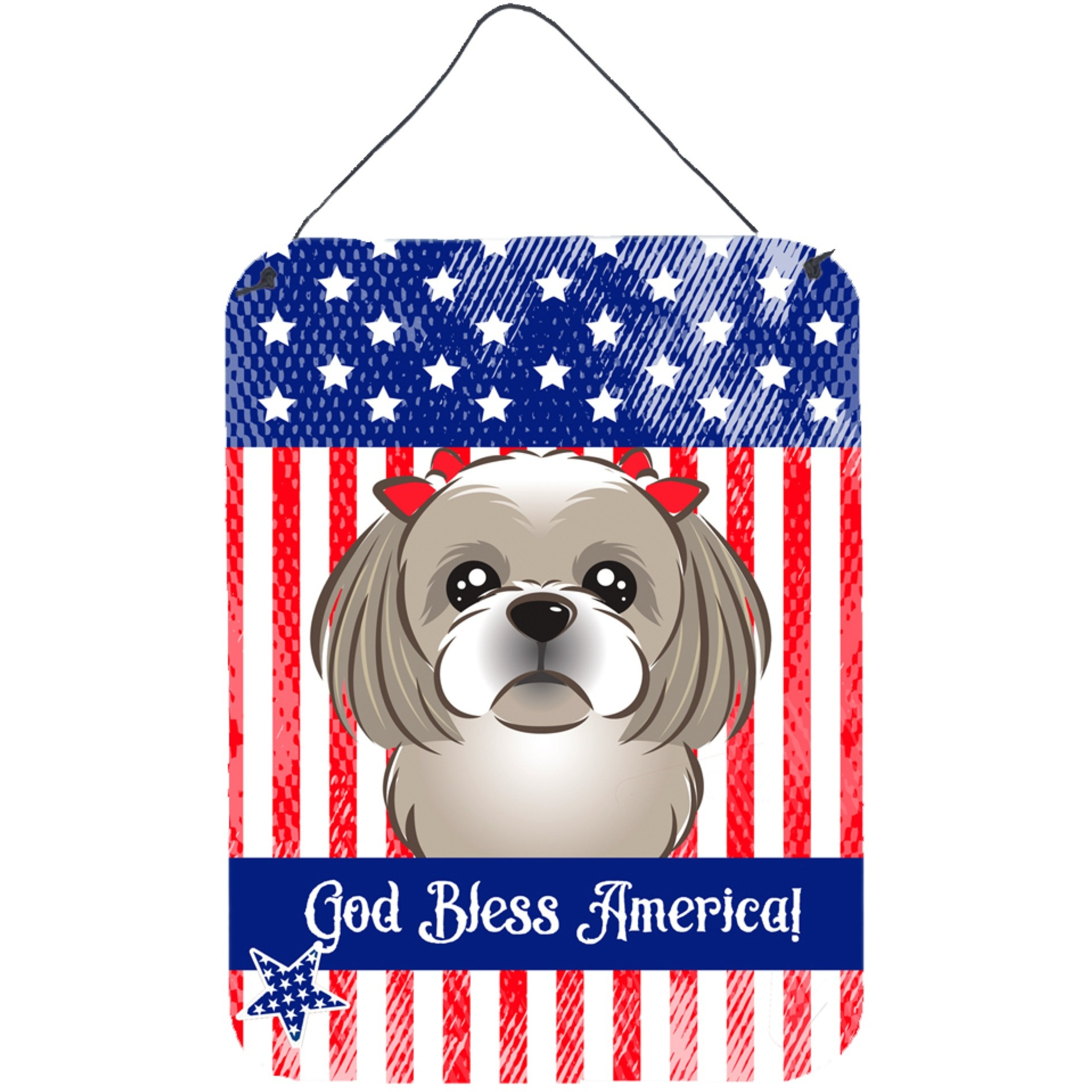 &quotCaroline's Treasures God Bless American Flag with Gray Silver Shih Tzu Wall or Door Hanging Prints BB2180DS1216, 16HX12W, Multicolor"