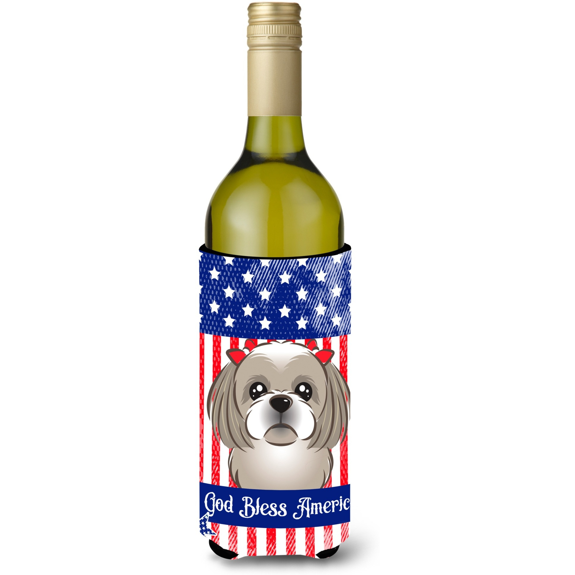 &quotCaroline's Treasures BB2180LITERK "&quotGod Bless American Flag with Gray Silver Shih Tzu"" Wine Bottle Hugger Koozie, 750ml, Multicolor"
