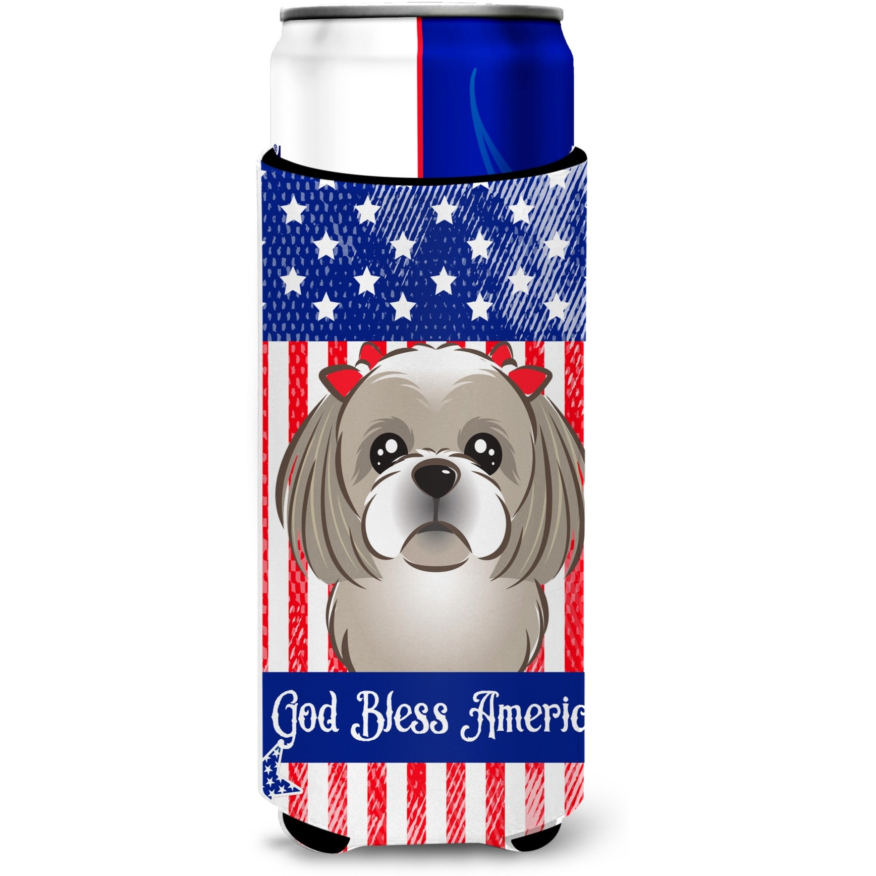 &quotCaroline's Treasures BB2180MUK "&quotGod Bless American Flag with Gray Silver Shih Tzu Michelob Ultra Koozies for Slim Cans, Multicolor"
