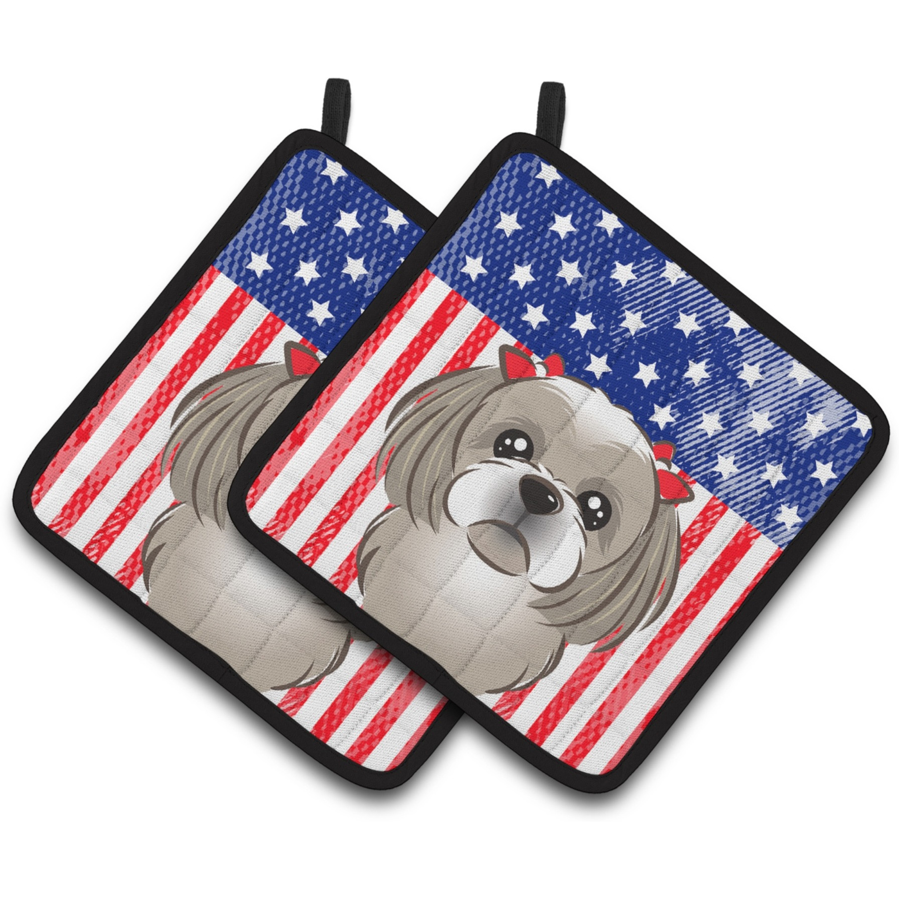 &quotCaroline's Treasures American Flag & Gray Silver Shih Tzu Pair of Pot Holders BB2180PTHD, 7.5HX7.5W, Multicolor"