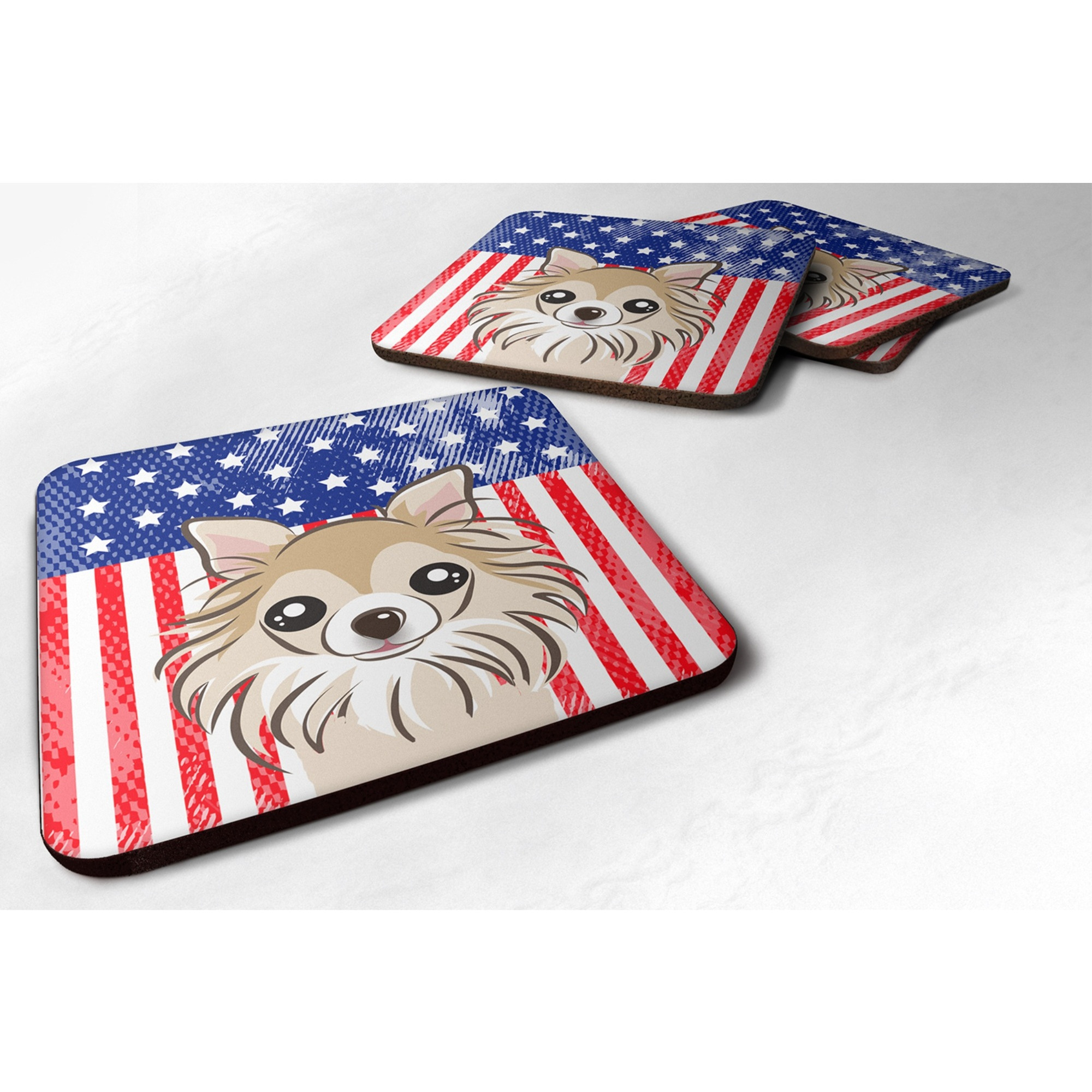 &quotCaroline's Treasures BB2181FC American Flag And Chihuahua Foam Coaster (Set of 4), 3.5"", Multicolor"