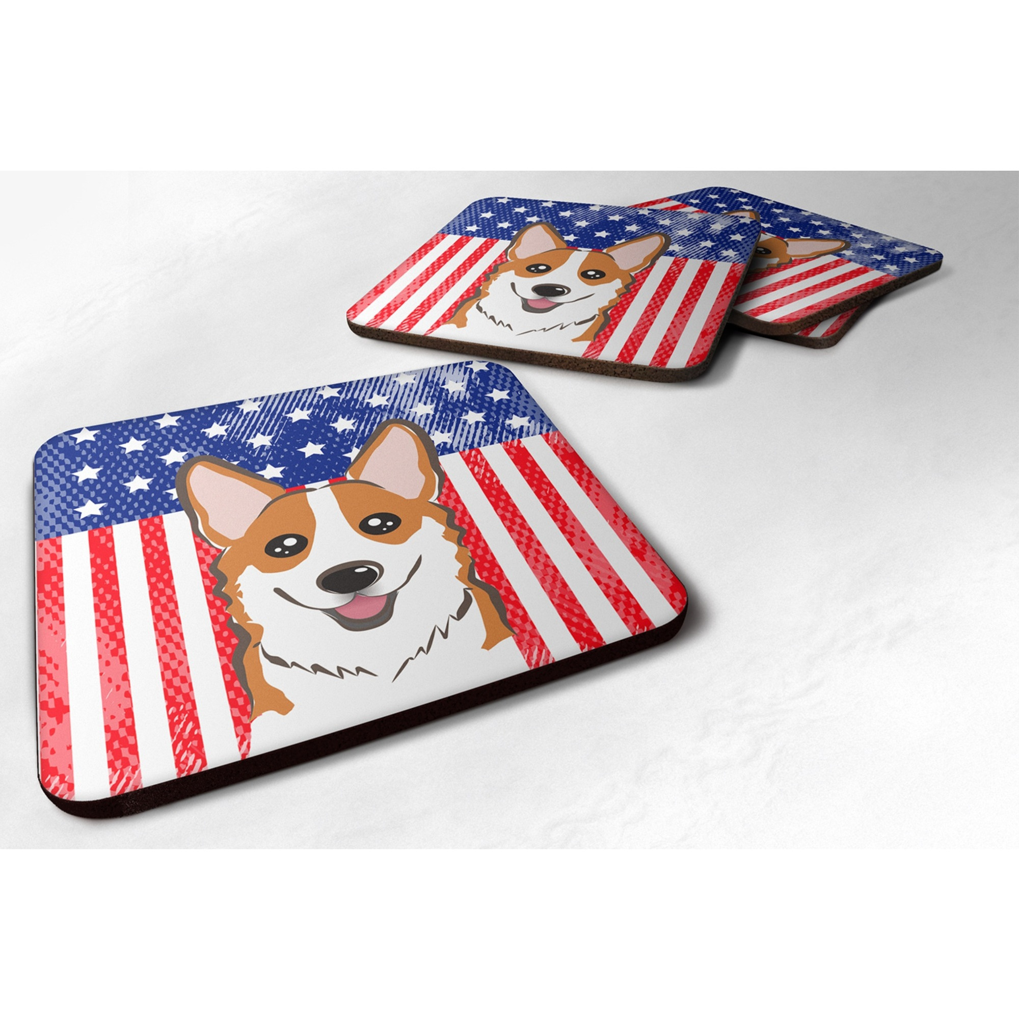&quotCaroline's Treasures BB2184FC American Flag And Red Corgi Foam Coaster (Set of 4), 3.5"", Multicolor"