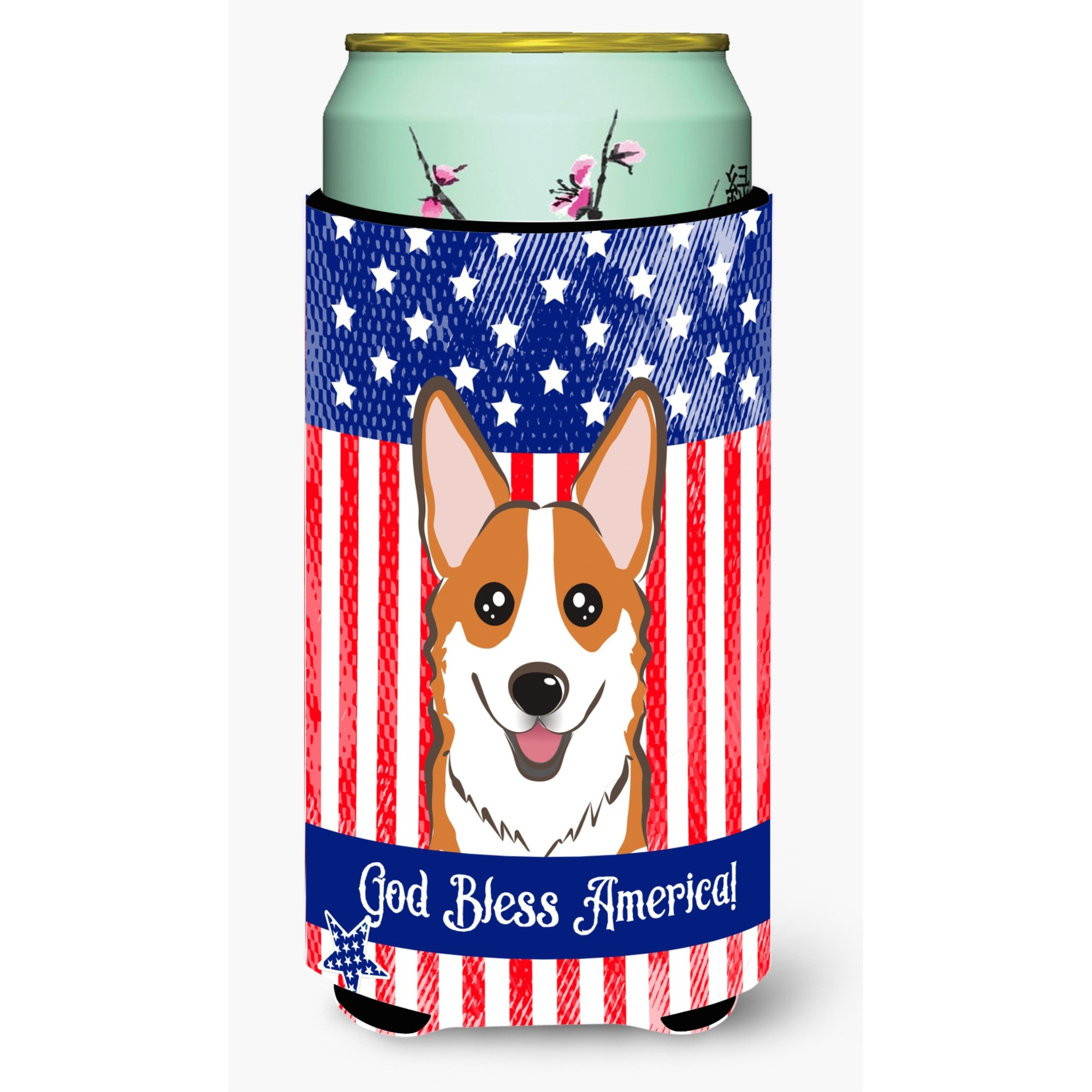 &quotCaroline's Treasures BB2184TBC "&quotGod Bless American Flag with Red Corgi"" Tall Boy Hugger Koozie, Multicolor"