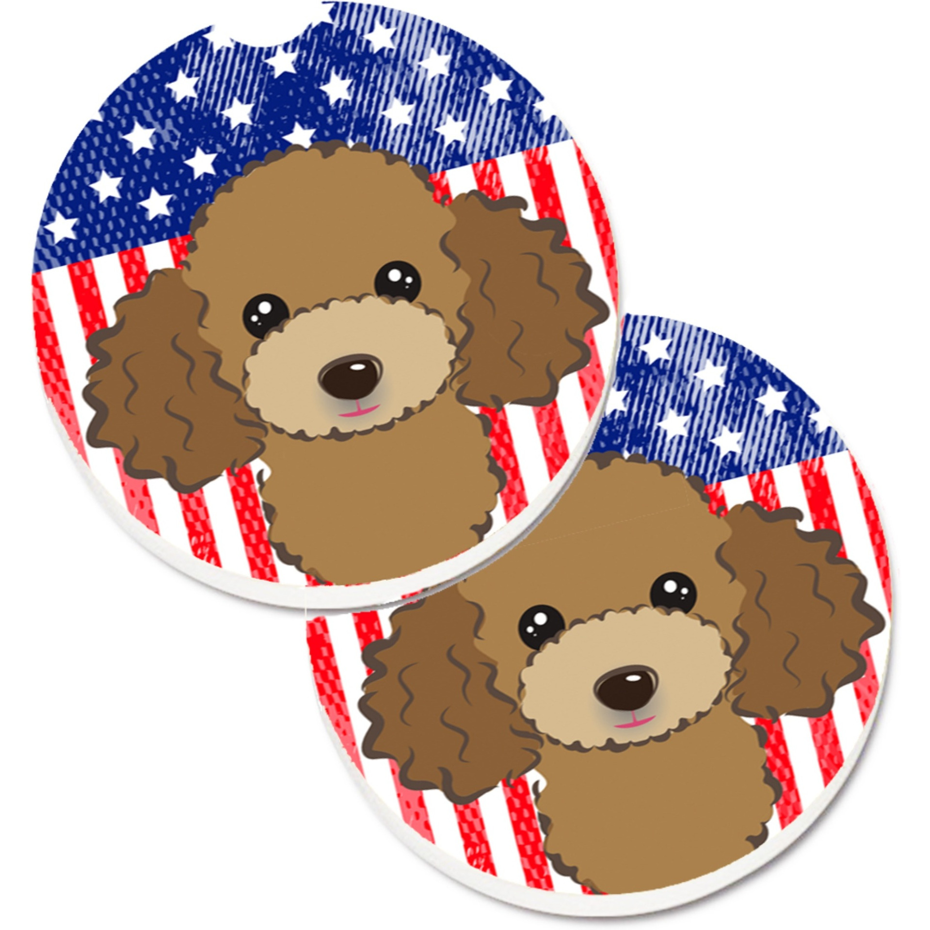 &quotCaroline's Treasures American Flag & Chocolate Brown Poodle Set of 2 Cup Holder Car Coasters BB2186CARC, 2.56, Multicolor"