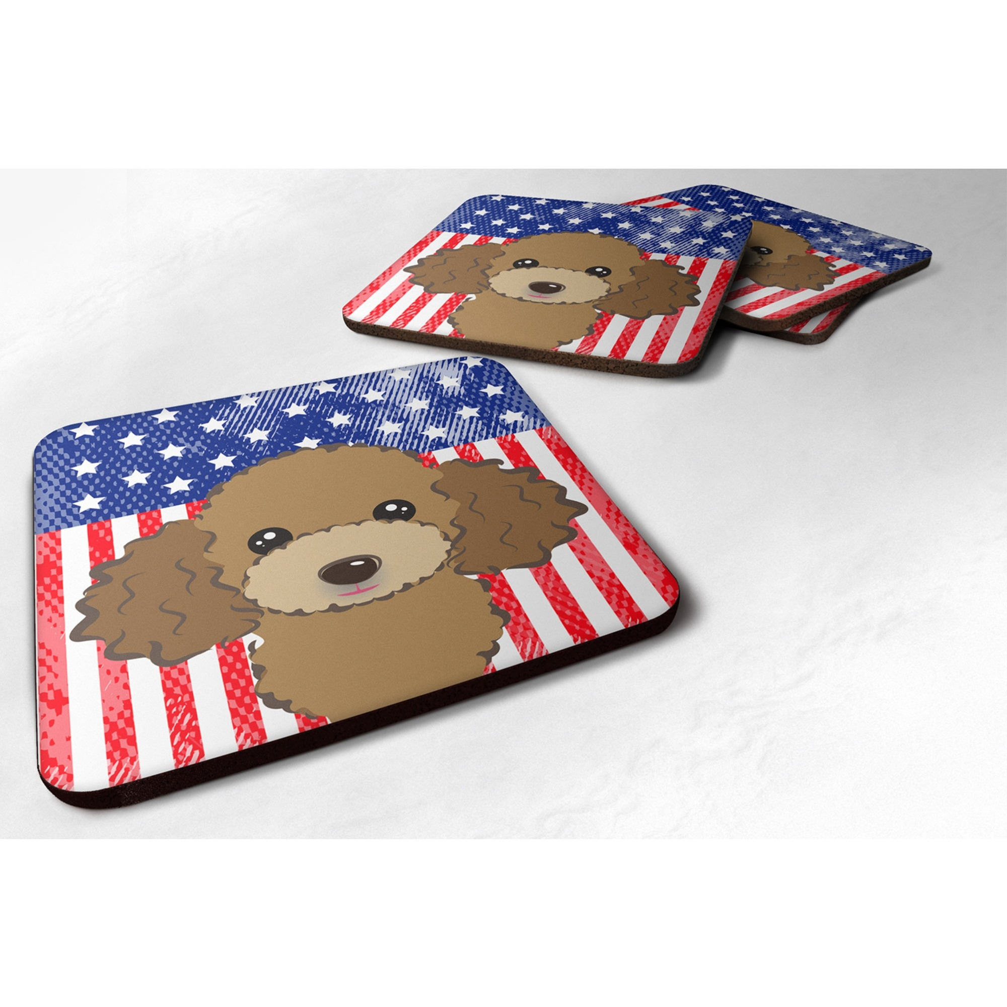 &quotCaroline's Treasures BB2186FC American Flag And Chocolate Brown Poodle Foam Coaster (Set of 4), 3.5"", Multicolor"