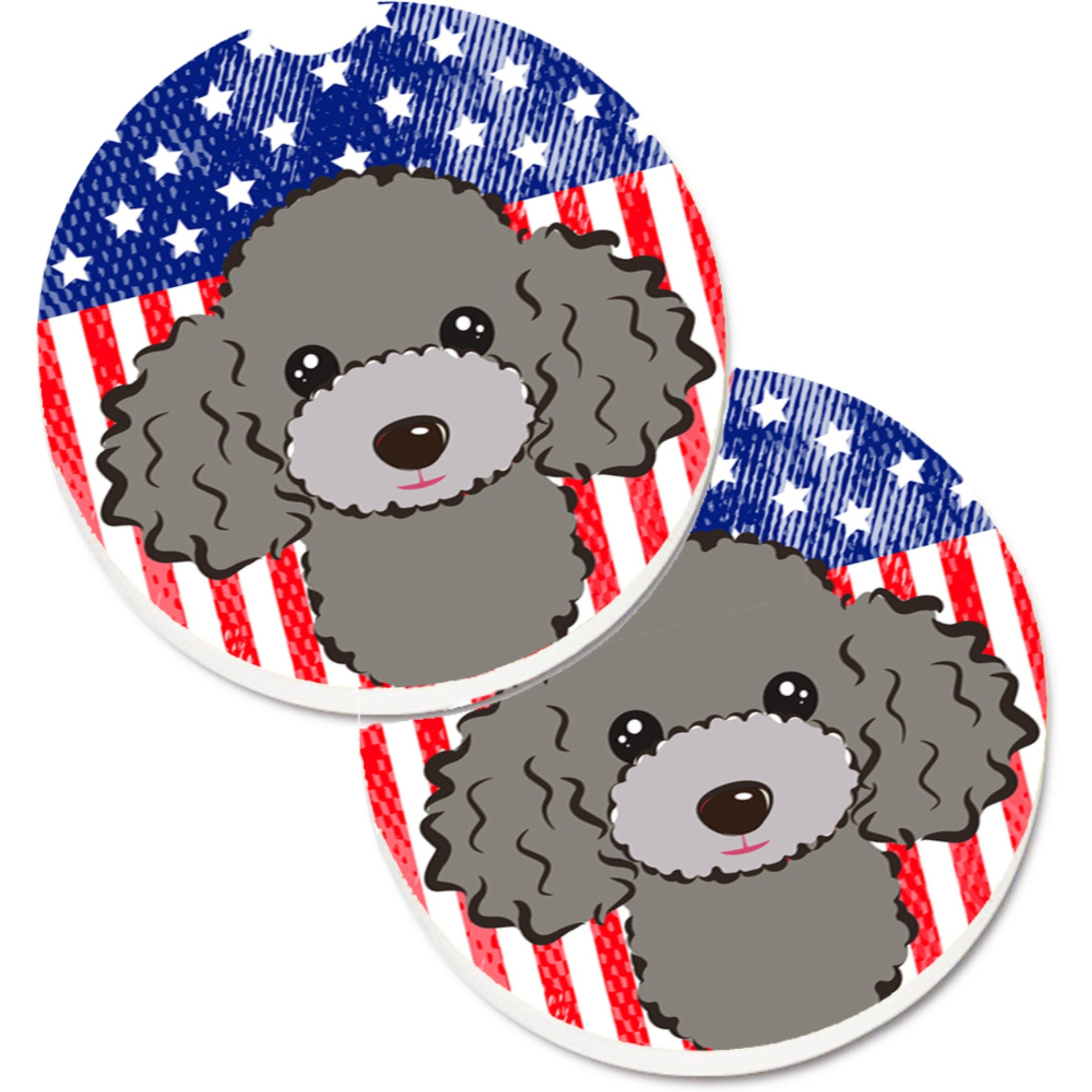 &quotCaroline's Treasures American Flag & Silver Gray Poodle Set of 2 Cup Holder Car Coasters BB2189CARC, 2.56, Multicolor"