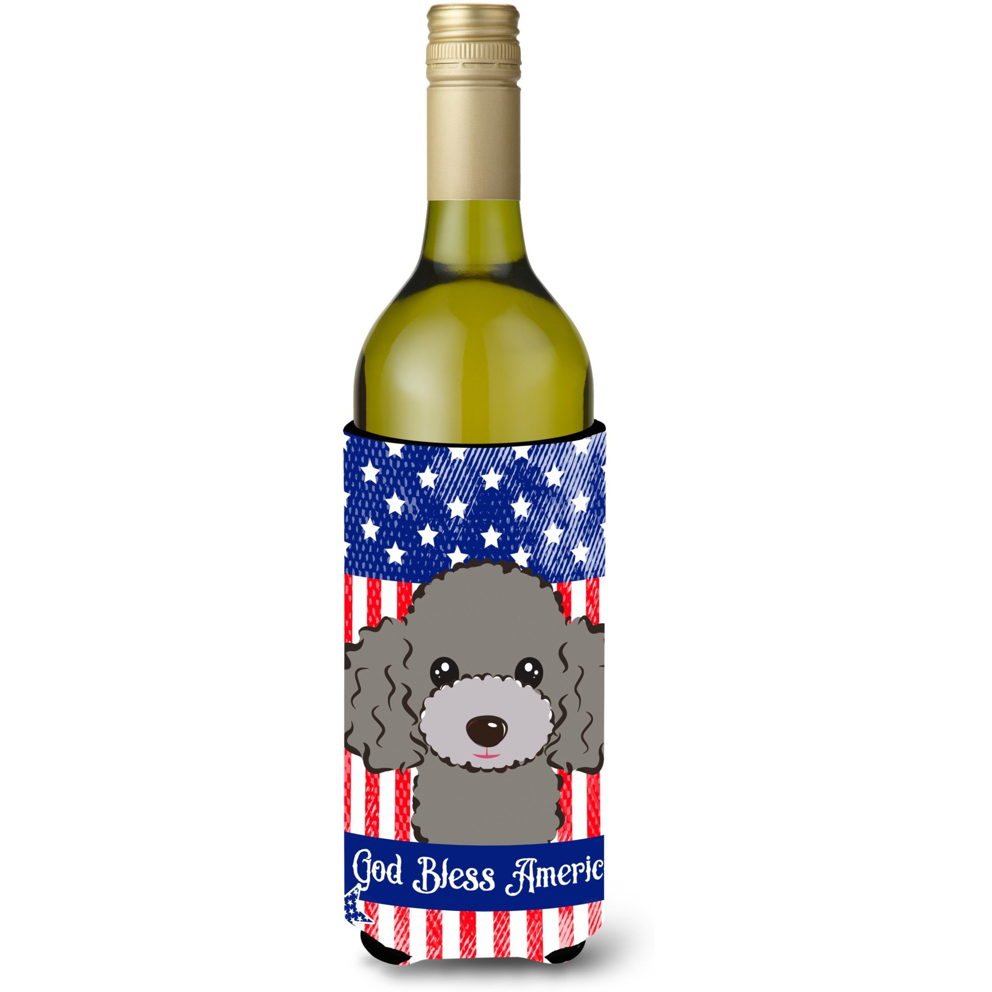 &quotCaroline's Treasures BB2189LITERK "&quotGod Bless American Flag with Silver Gray Poodle"" Wine Bottle Hugger Koozie, 750ml, Multicolor"