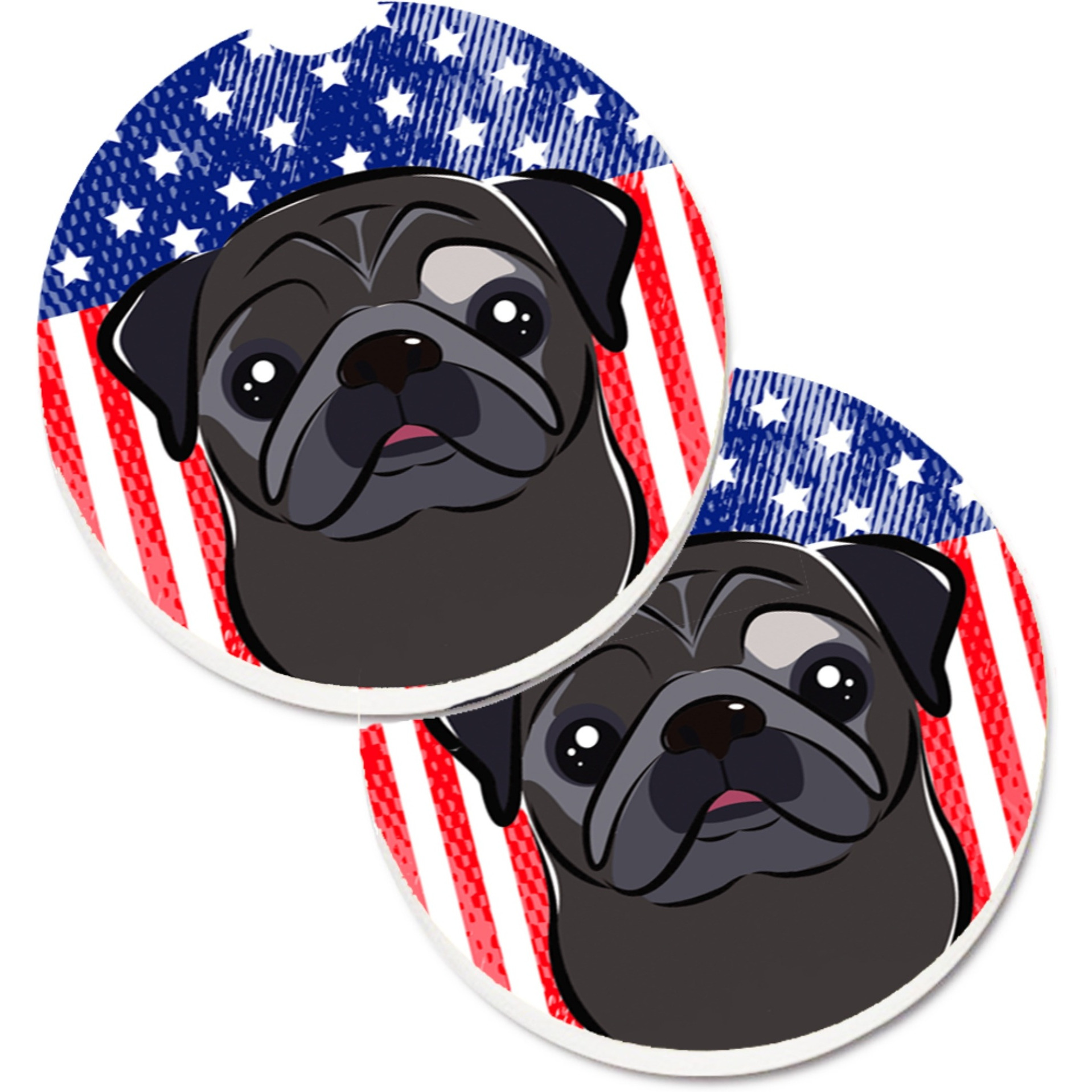 &quotCaroline's Treasures American Flag & black Pug Set of 2 Cup Holder Car Coasters BB2193CARC, 2.56, Multicolor"