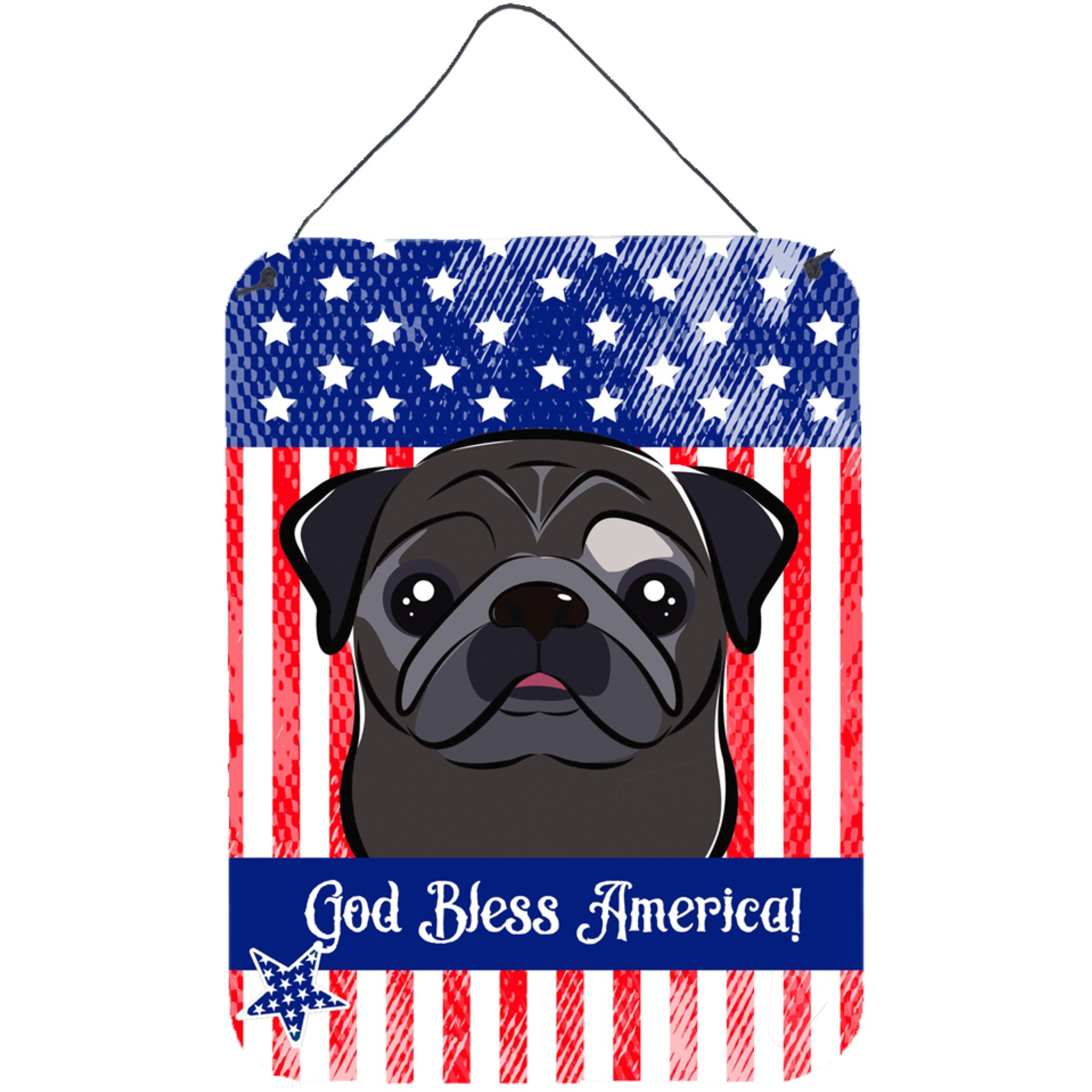 &quotCaroline's Treasures God Bless American Flag with Black Pug Wall or Door Hanging Prints BB2193DS1216, 16HX12W, Multicolor"