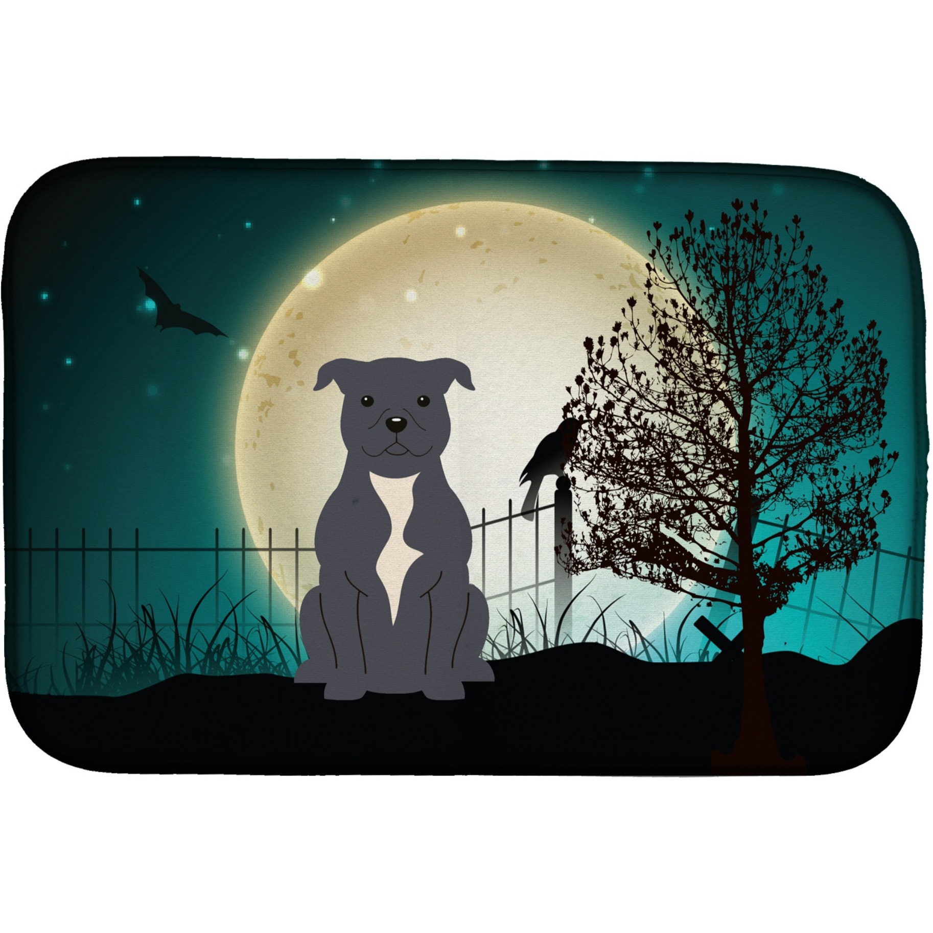 &quotCaroline's Treasures Halloween Scary Staffordshire Bull Terrier Blue Dish Drying Mat, 14"" x 21"""