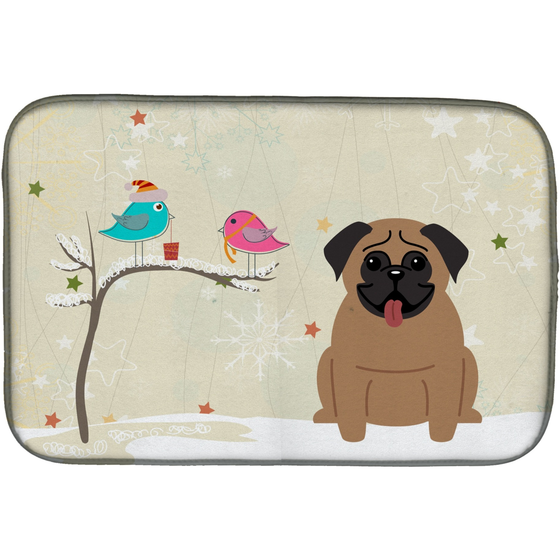 &quotCaroline's Treasures Christmas Presents Between Friends Pug Brown Dish Drying Mat, 14"" x 21"""