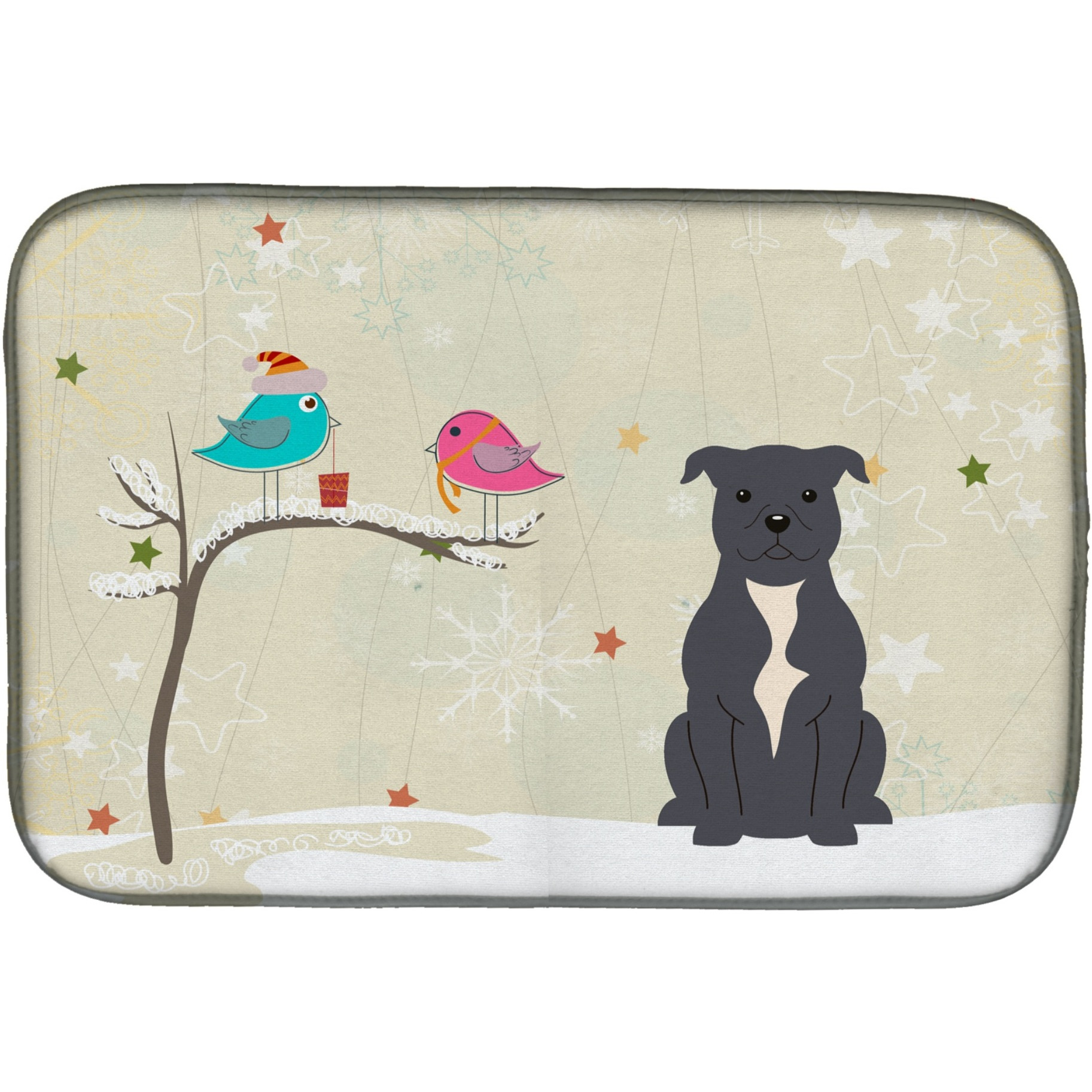&quotCaroline's Treasures Christmas Presents between Friends Staffordshire Bull Terrier Dish Drying Mat, 14"" x 21"""