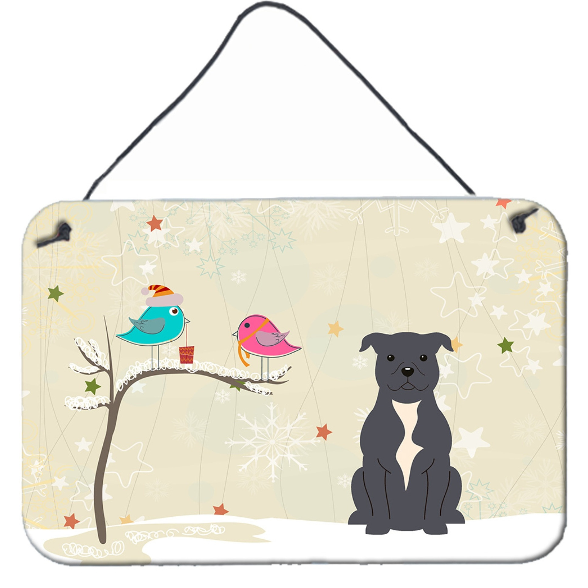 &quotCaroline's Treasures Christmas Presents Friends Staffordshire Bull Terrier Blue Wall or Door Hanging Prints BB2518DS812, 8"" x 12"""