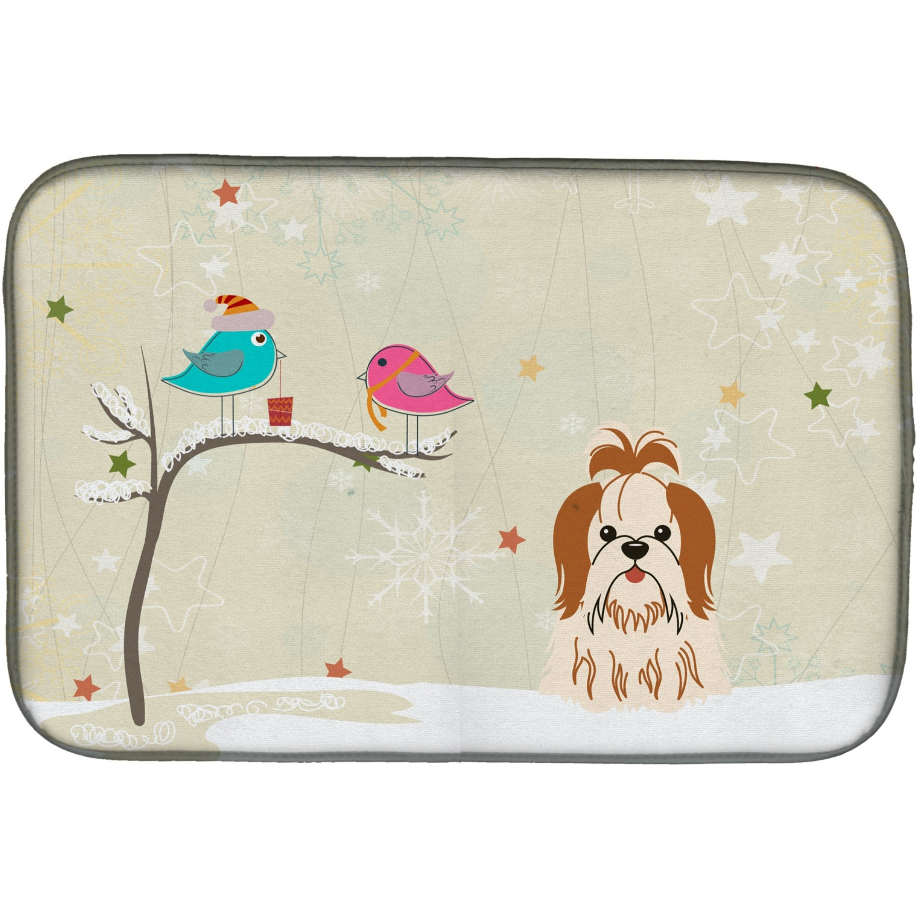 &quotCaroline's Treasures Christmas Presents Between Friends Shih Tzu Red White Dish Drying Mat, 14"" x 21"""