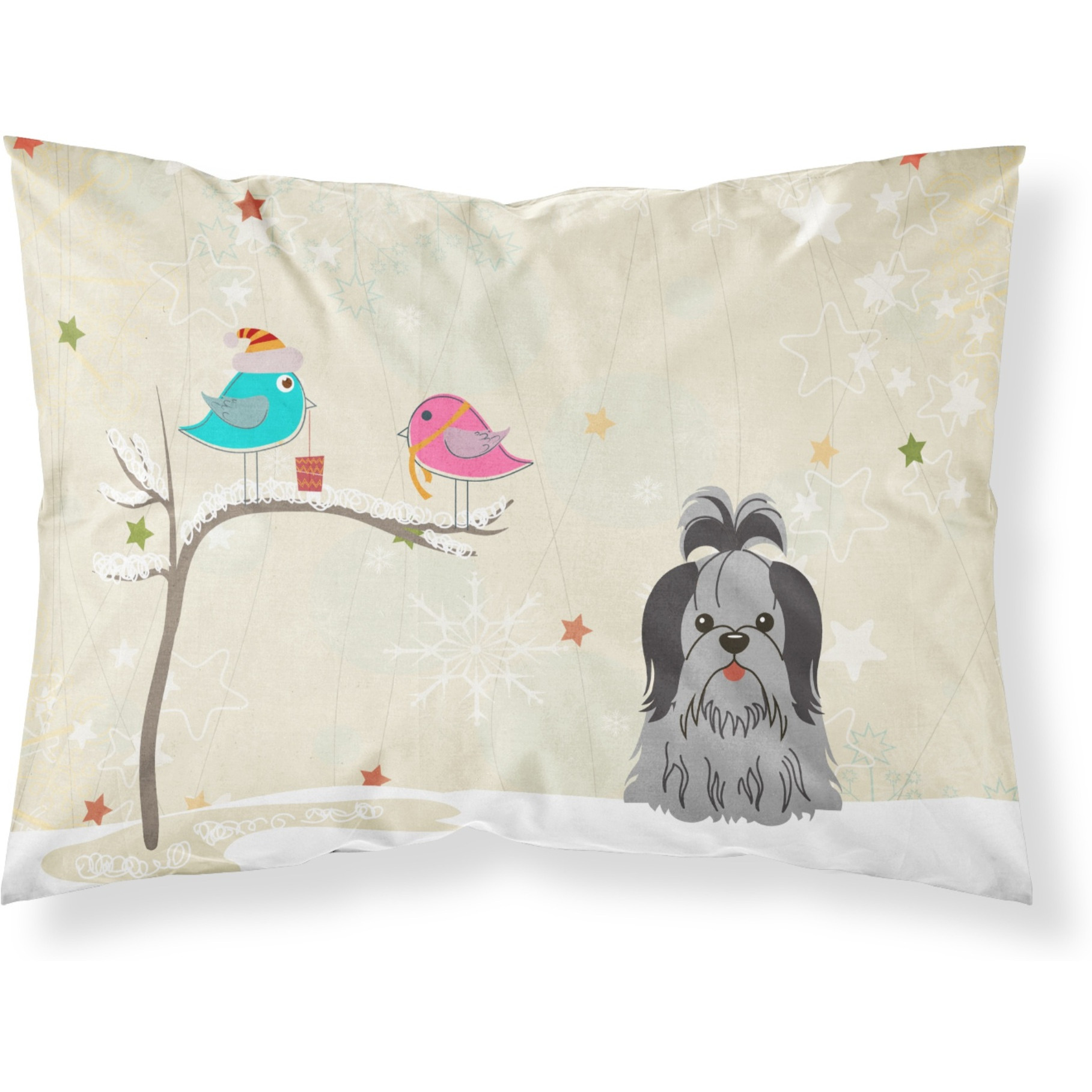 &quotCaroline's Treasures Christmas Presents between Friends Shih Tzu Black Silver Fabric Standard Pillowcase BB2561PILLOWCASE, Multicolor"