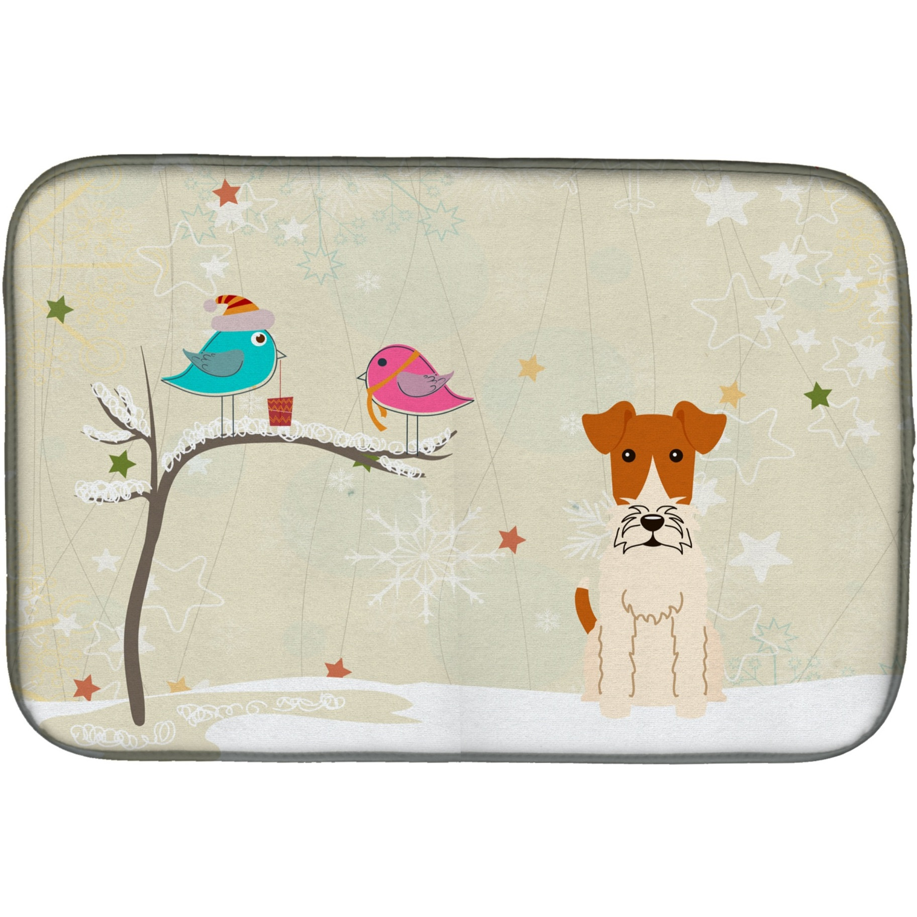 &quotCaroline's Treasures Christmas Presents Between Friends Wire Fox Terrier Dish Drying Mat, 14"" x 21"""