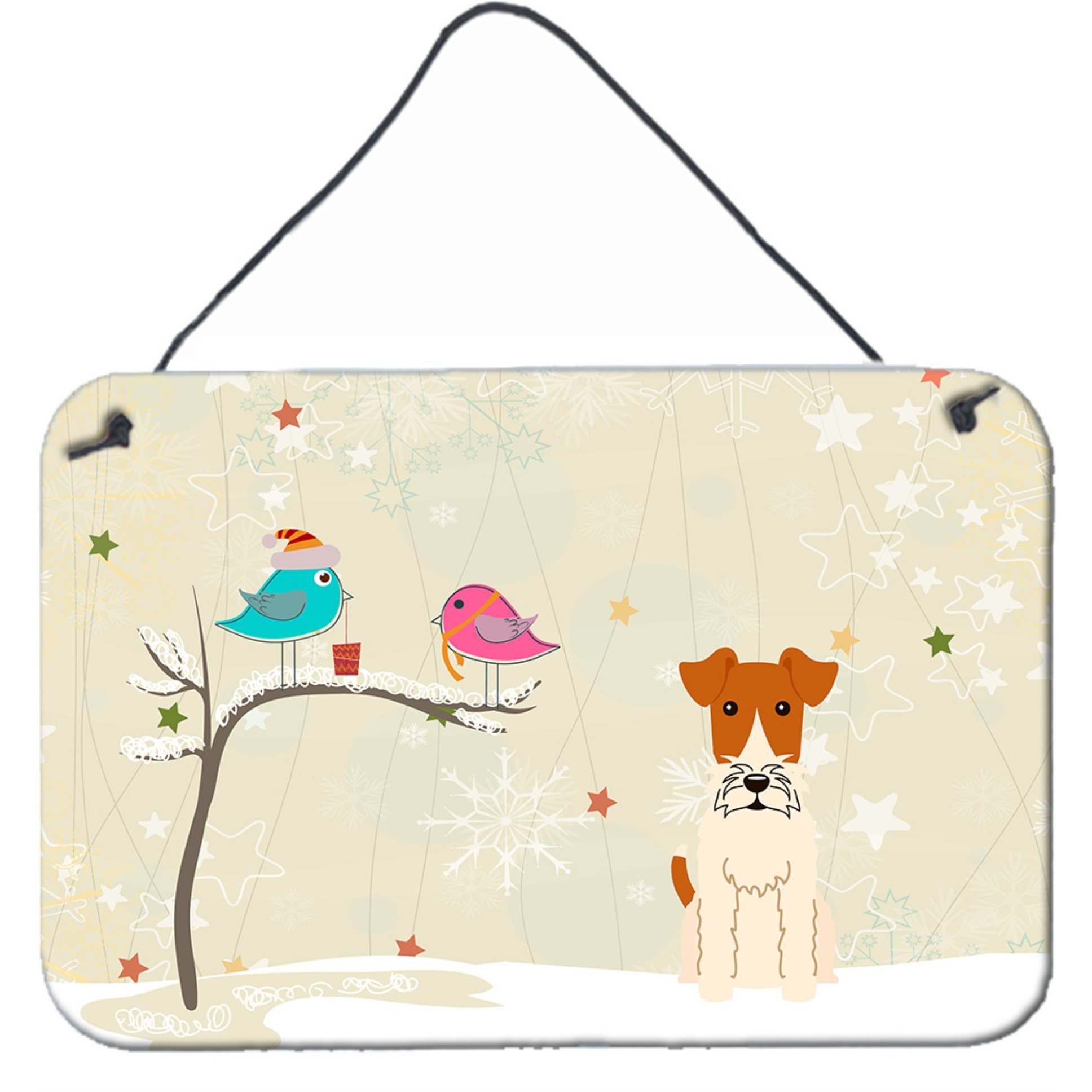 &quotCaroline's Treasures Christmas Presents between Friends Wire Fox Terrier Wall or Door Hanging Prints BB2573DS812, 8"" x 12"", Multicolor"