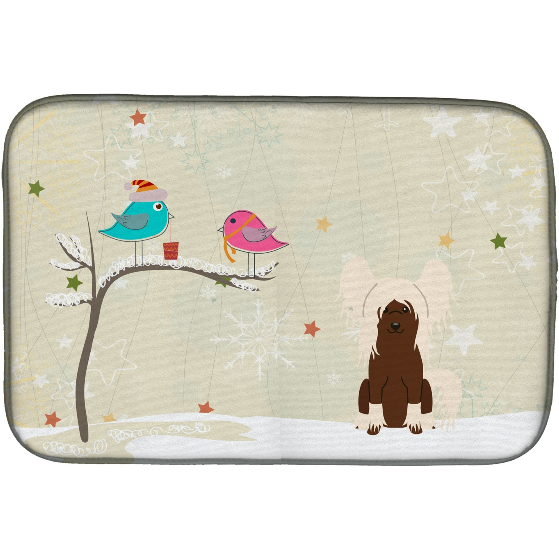 &quotCaroline's Treasures Christmas Presents Between Friends Chinese Crested Cream Dish Drying Mat, 14"" x 21"""