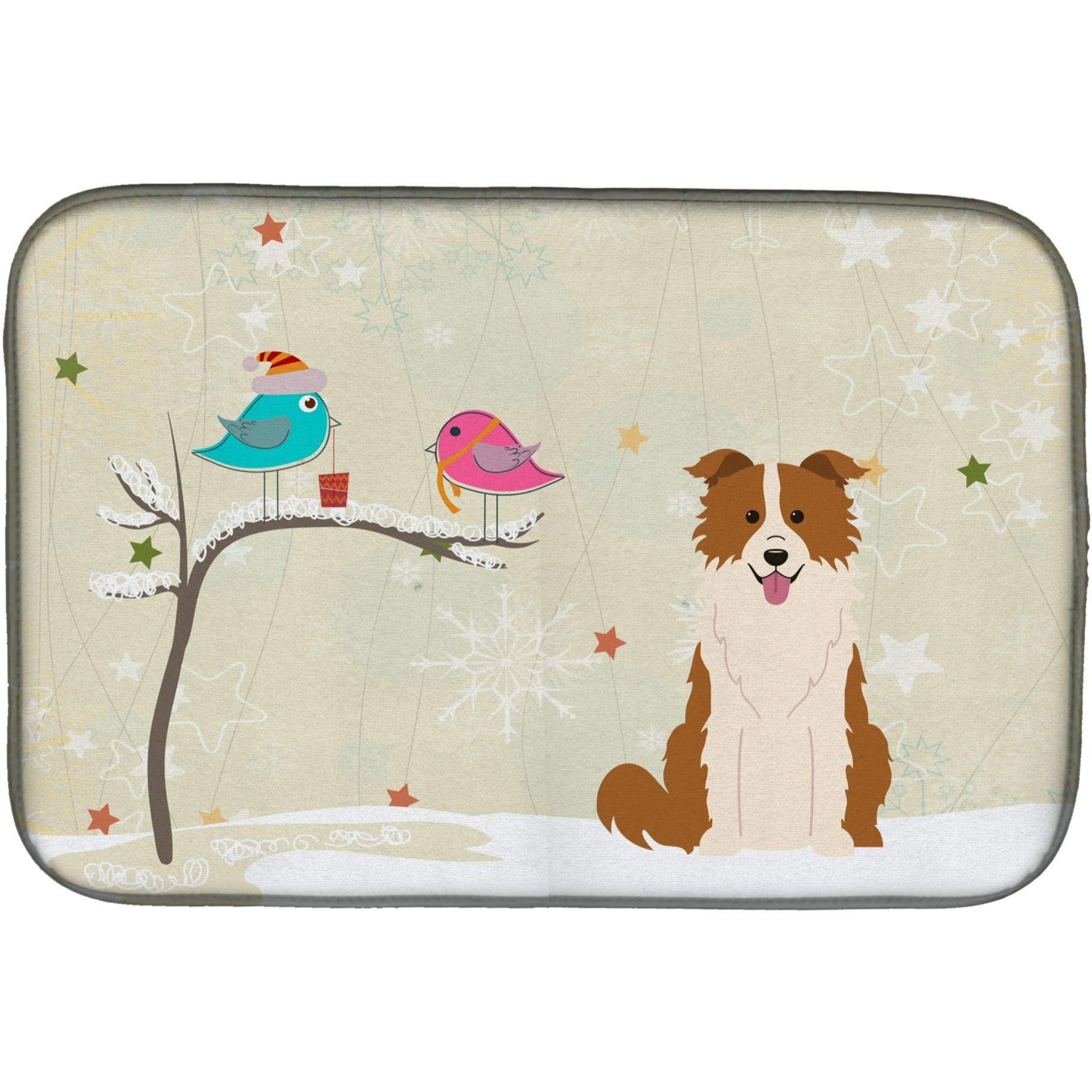 &quotCaroline's Treasures Christmas Presents Between Friends Border Collie Red White Dish Drying Mat, 14"" x 21"""