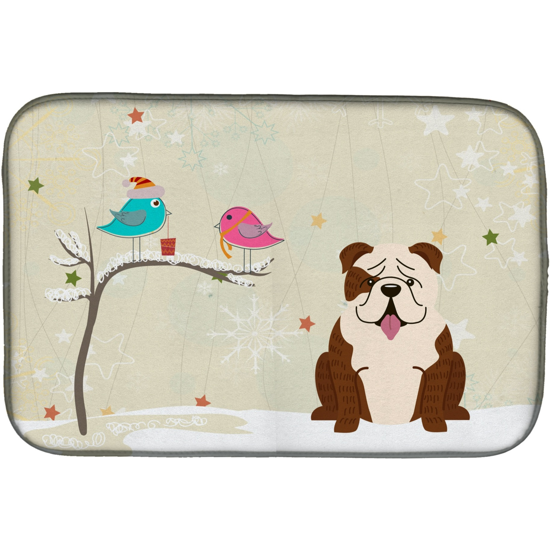 &quotCaroline's Treasures Christmas Presents Between Friends English Bulldog Brindle White Dish Drying Mat, 14"" x 21"""