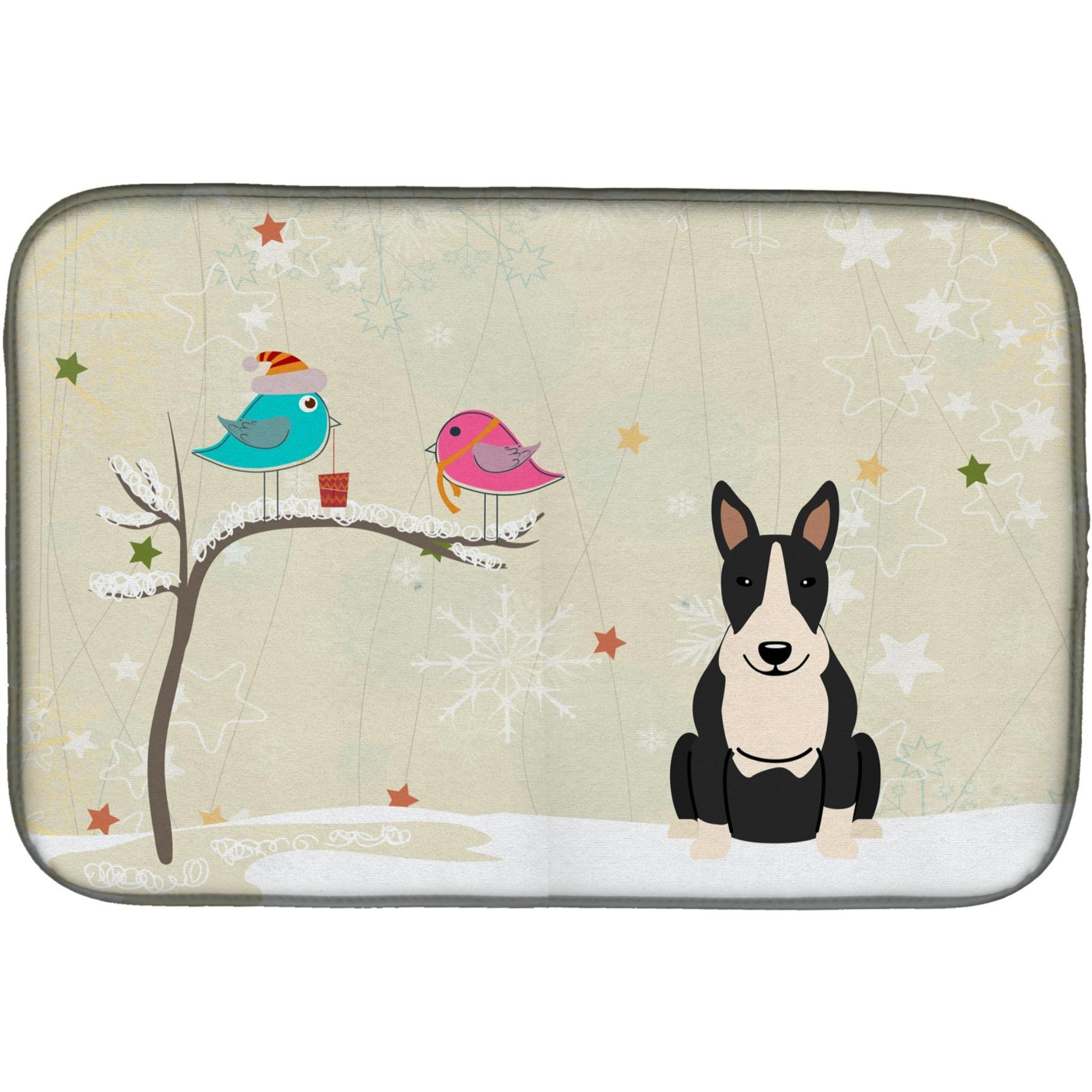&quotCaroline's Treasures Christmas Presents Between Friends Bull Terrier Black White Dish Drying Mat, 14"" x 21"""