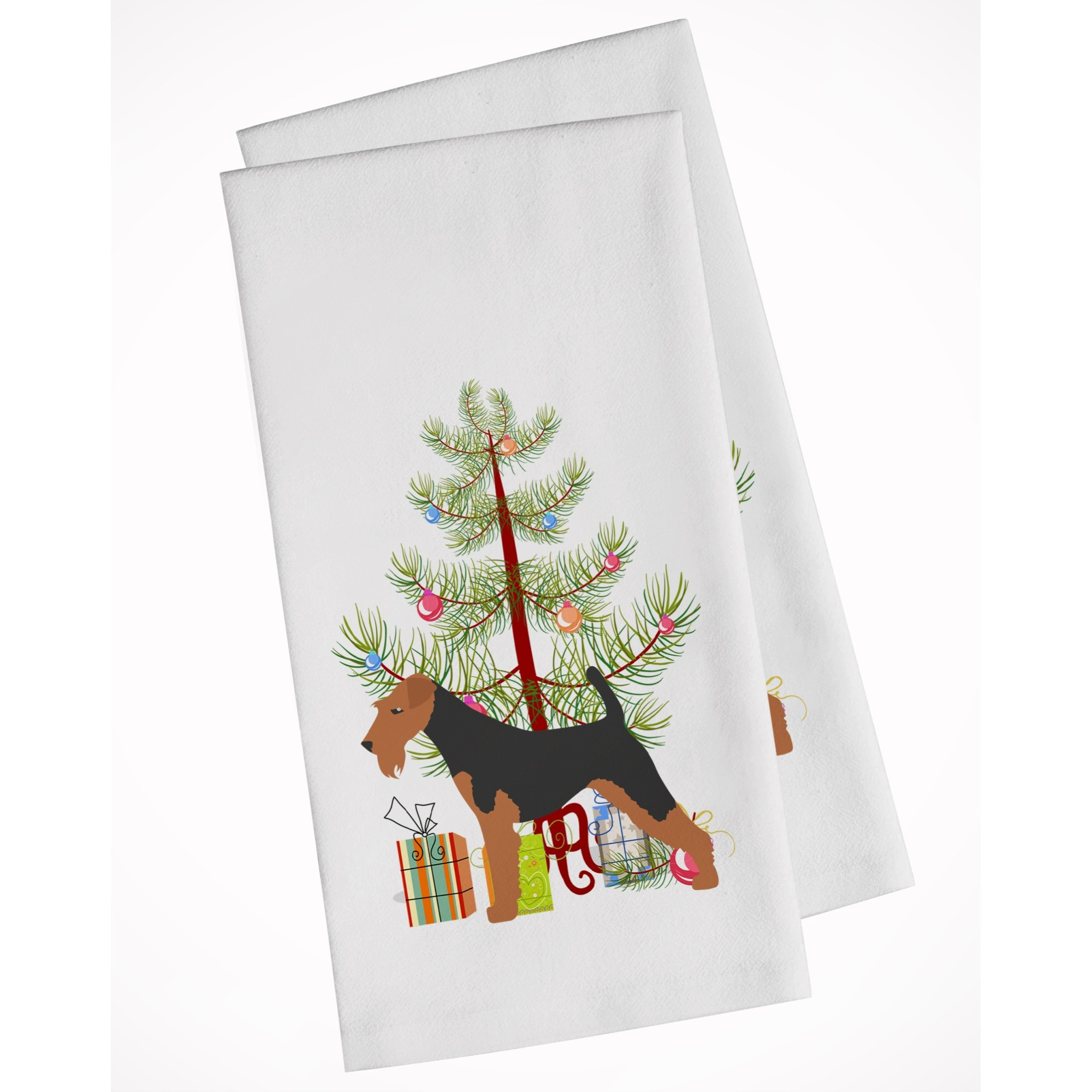 Welsh Terrier Merry Christmas Tree White Kitchen Towel Set of 2