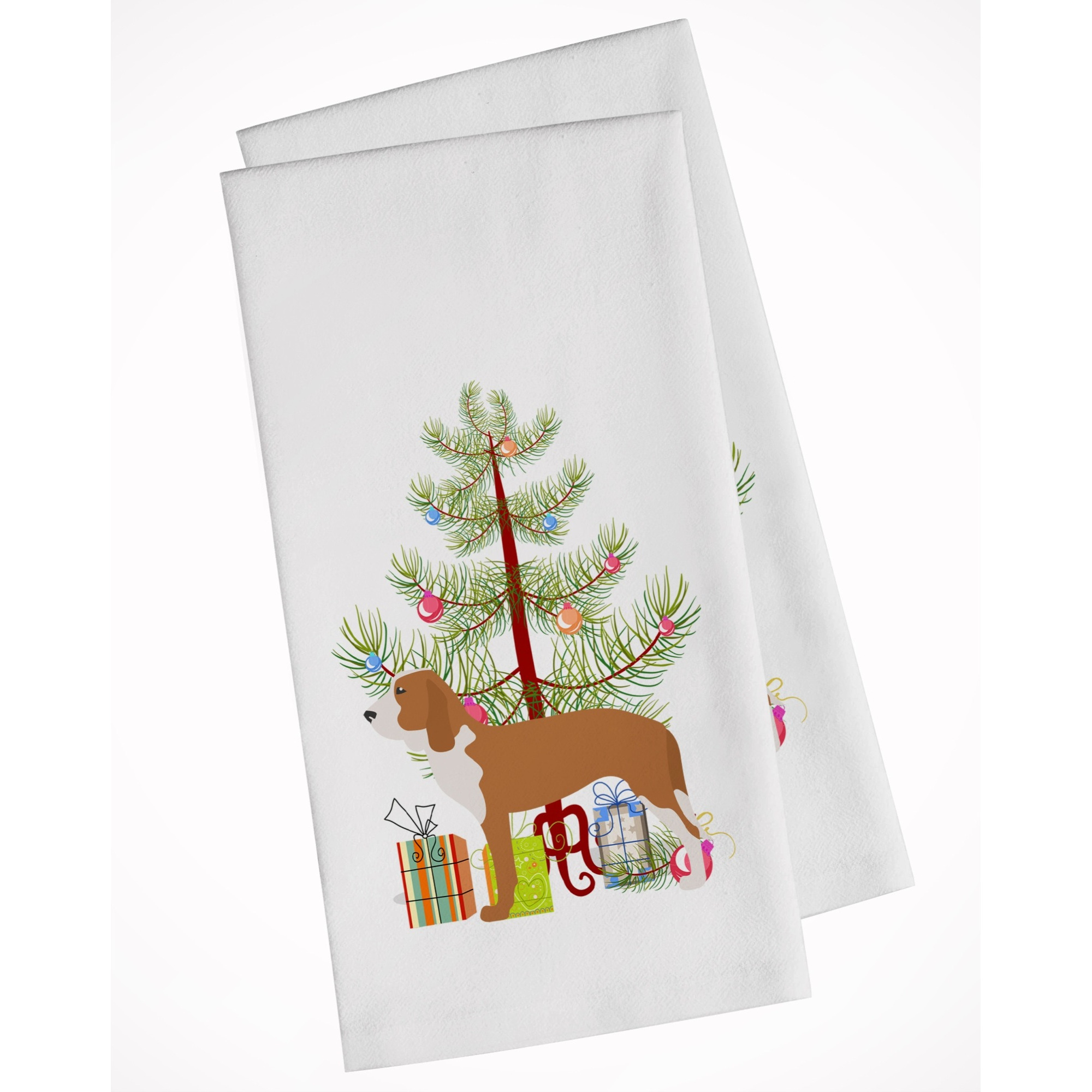 Spanish Hound Merry Christmas Tree White Kitchen Towel Set of 2