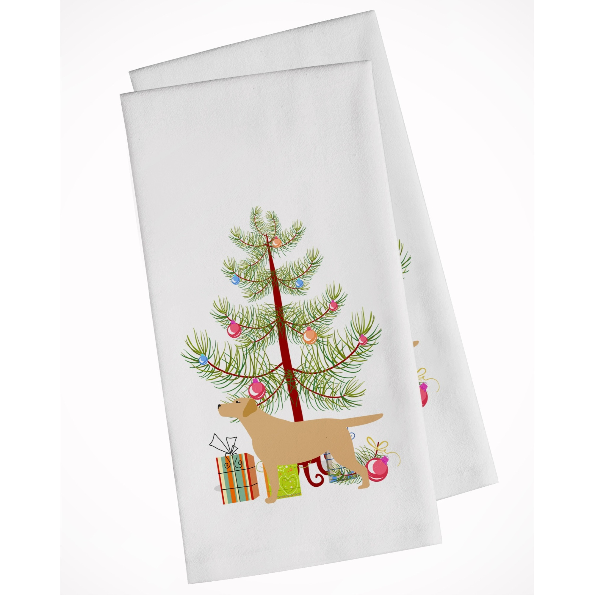 Yellow Labrador Retriever Merry Christmas Tree White Kitchen Towel Set of 2