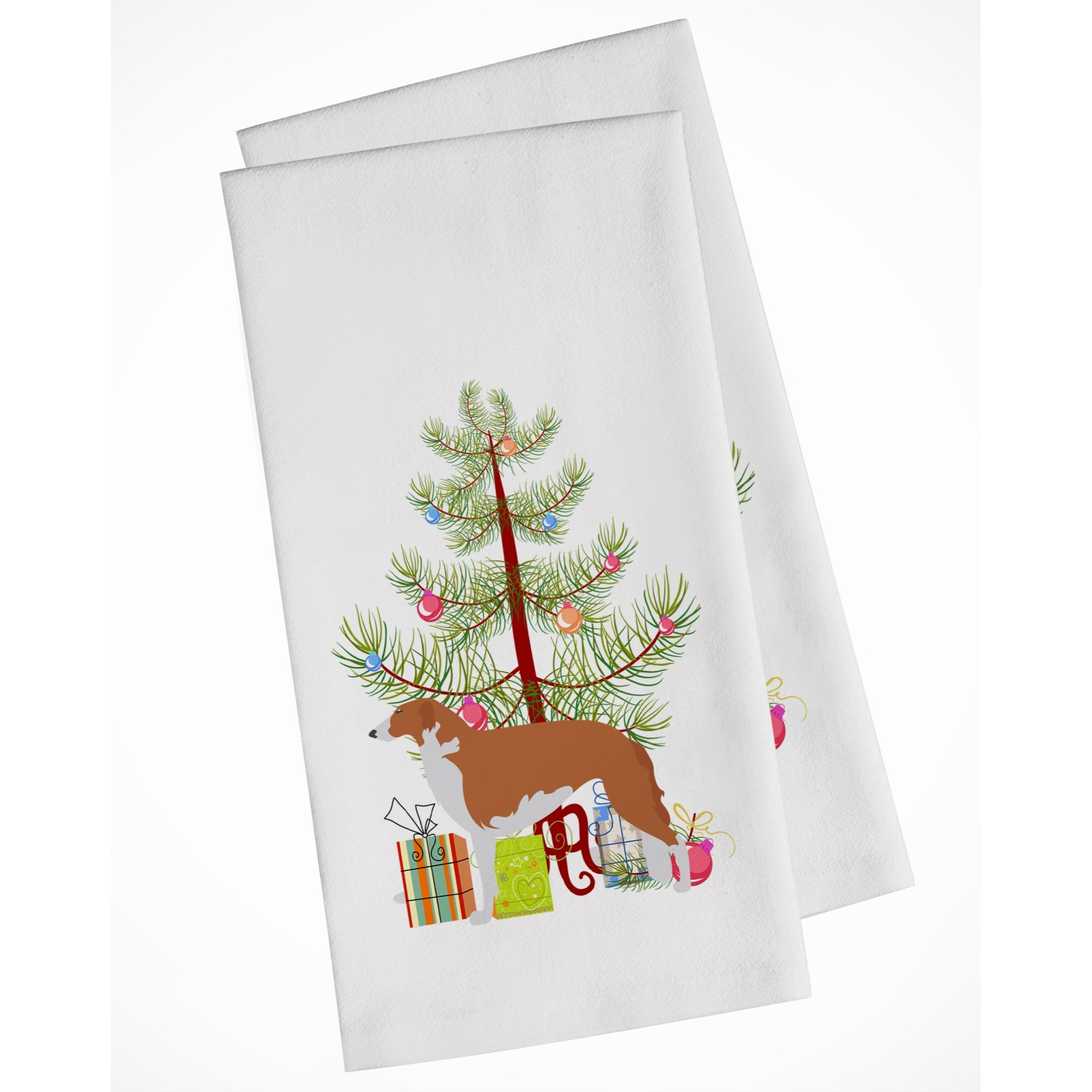 Borzoi Russian Greyhound Merry Christmas Tree White Kitchen Towel Set of 2